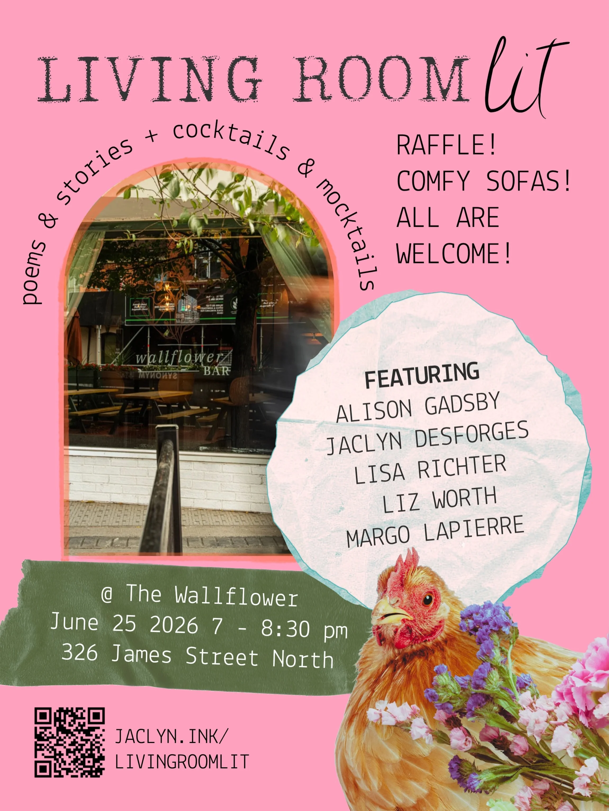 Friends I cannot WAIT for this cozy reading at @wallflowerhamilton with @ay.jay.gee, @lisarpoet , @lizworth.author, and @margo_lapierre. Raffle! Coziness! Comfy sofas! All are welcome. Feel free to bring your knitting. 

There is a chicken in the pos