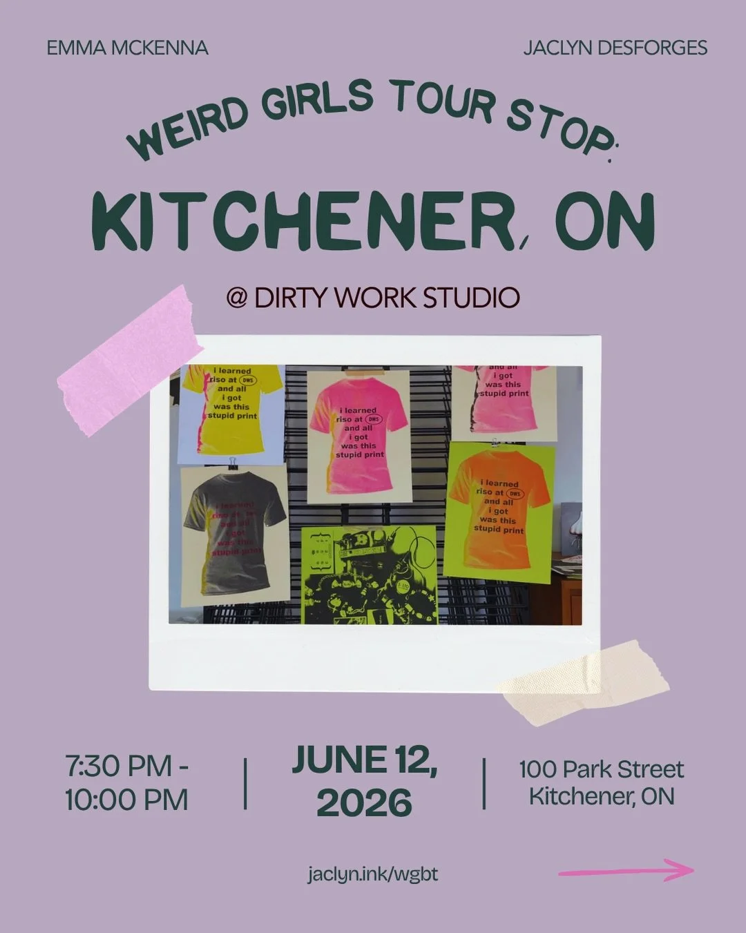 The Weird Girls Book Tour is coming to an end! We are celebrating one last very queer, very fun hurrah at Dirty Work Studio in collaboration with Goopy Girls. 

Friday, June 12th from 7:30 - 10:00 at 100 Park Street in Kitchener, Ontario 

Enjoy: 
- 