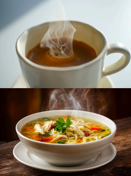 Images of warm beverage and soup showing examples of warming foods to nourish the Spleen and Kidney qi in the mornings, a recommendation from Louisville Family Acupuncture