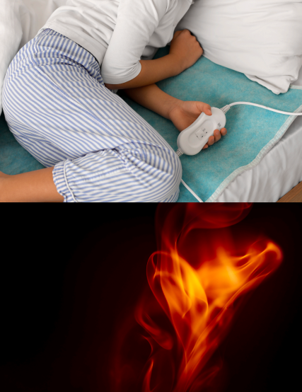 Images of fire and woman laying on a warm comfortable heating pad to relieve pain and discomfort.