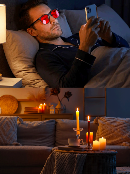 Image of man wearing blue blocking glasses reading on phone to reduce blue light and have a calm bedtime routine and an image of a cozy amber lit room promoting peace and calm before bedtime.