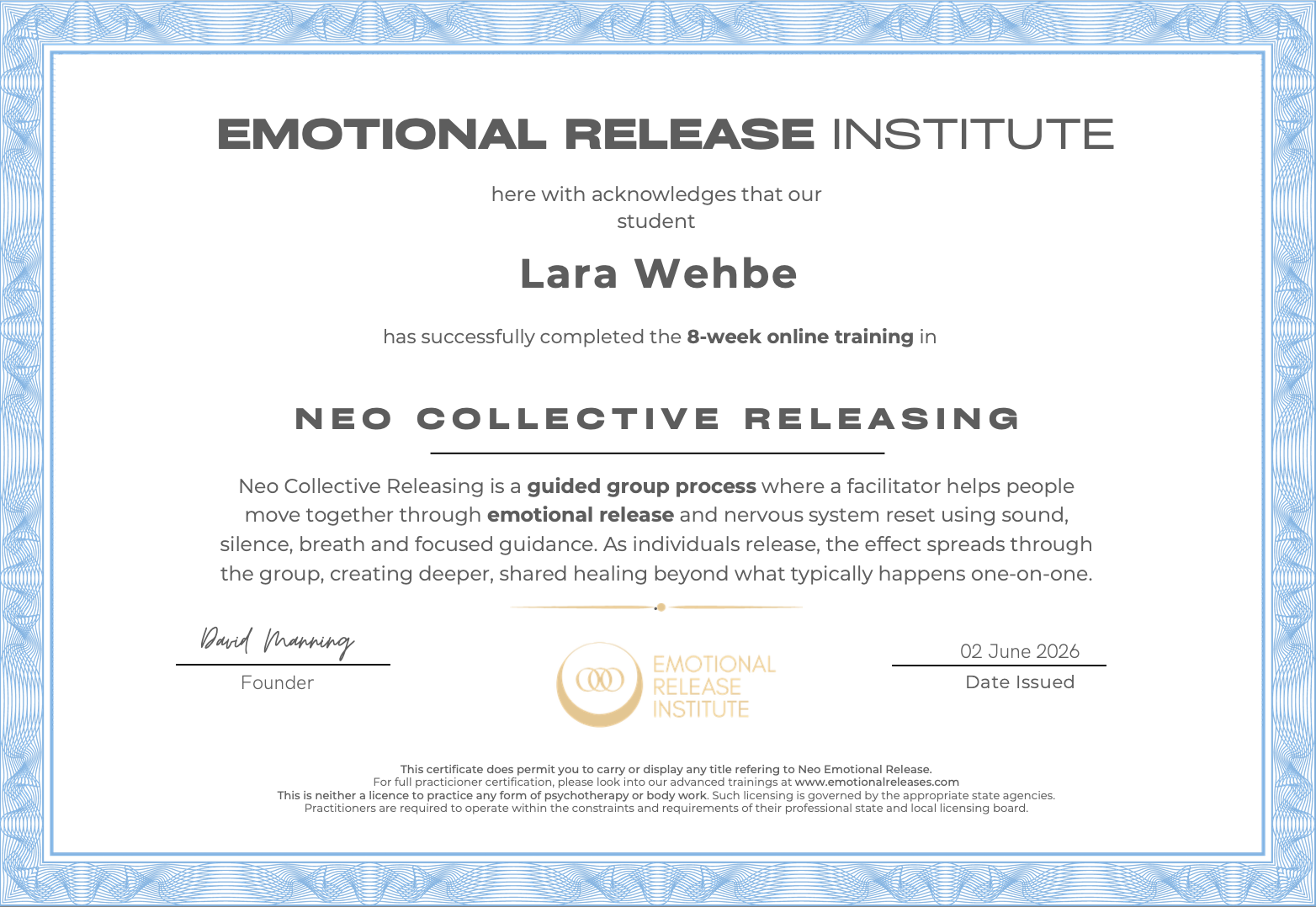Neo Collective release - Group Emotional Release Certificate - Lara Wehbe