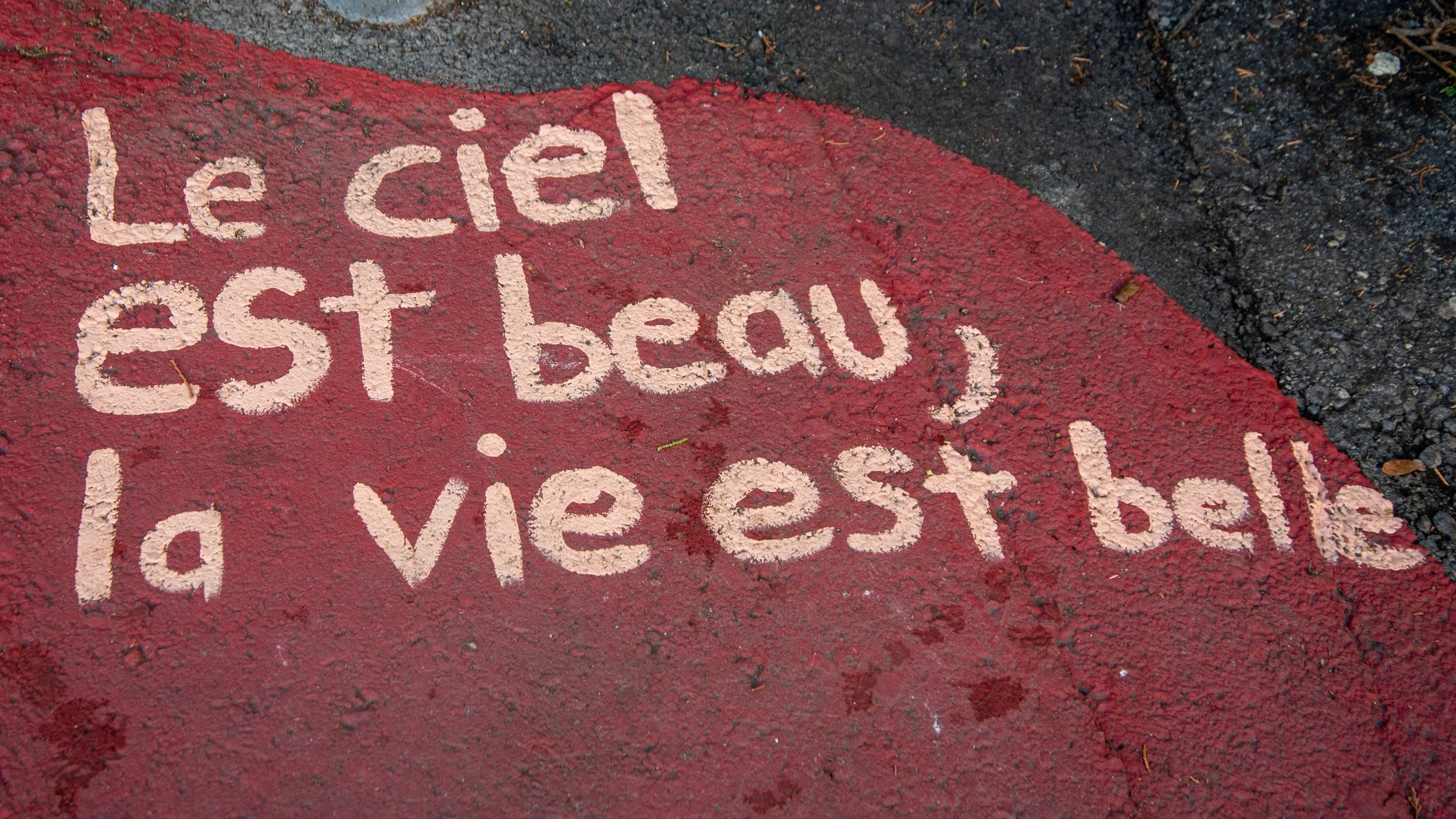 Close-up of a painted red curb with white text that says "Le ciel est beau, la vie est belle" on a rough asphalt surface.