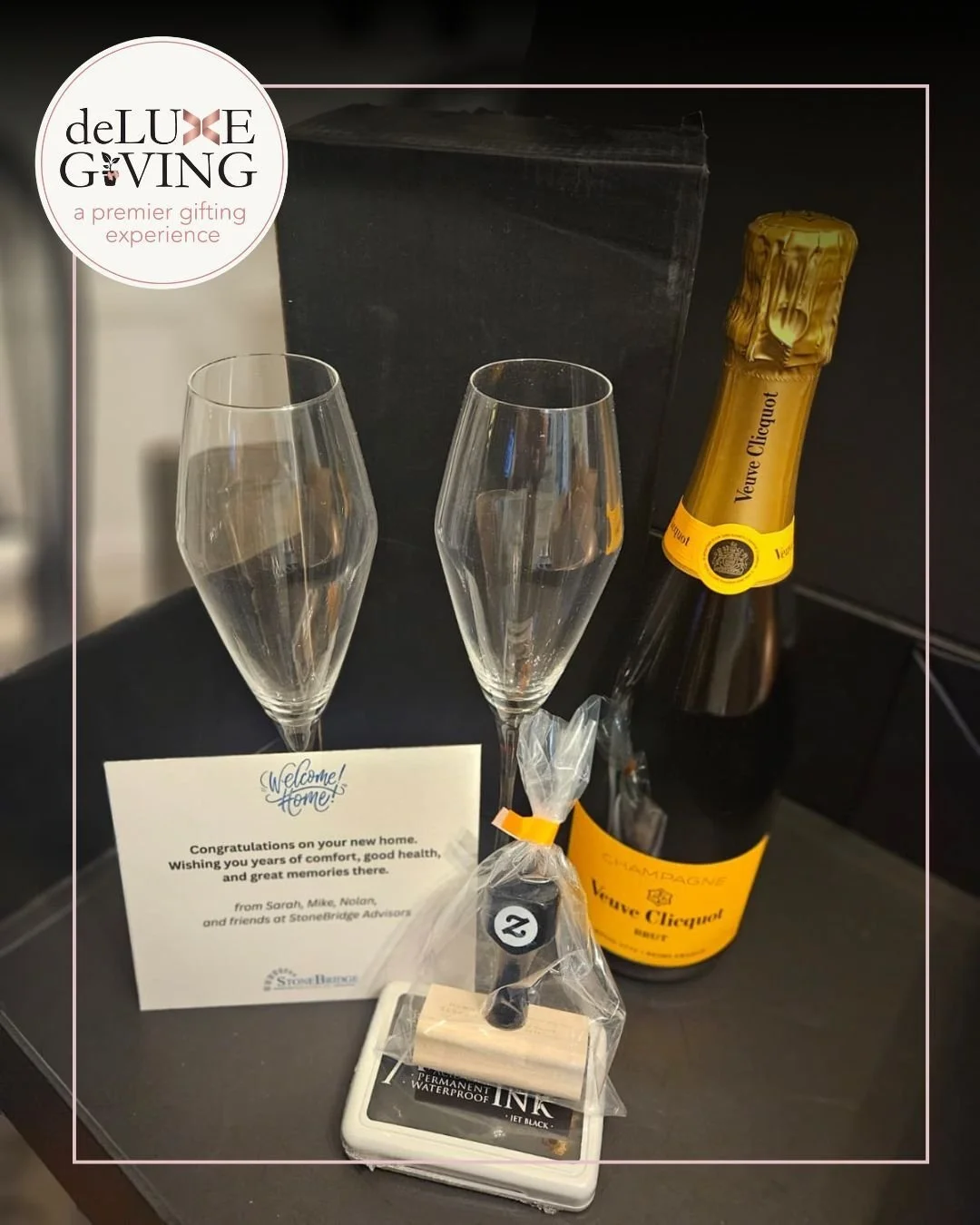 Some life moments deserve to be celebrated right.

This housewarming gift included champagne, flutes, a self ink stamp with his new address, and a custom note card featuring my client&rsquo;s company logo. It was sent on their behalf, so it felt pers
