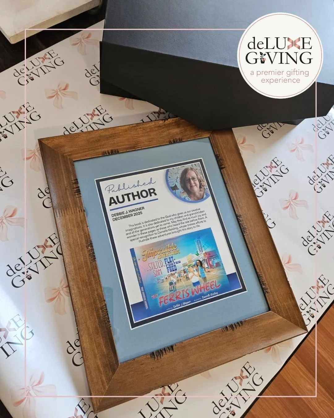 We wanted to celebrate a newly published author in a meaningful way, so we did a little research. We found the dedication, a photo, and the book cover, then created and framed a plaque to honor the achievement.

I was told the gift made her cry.
That