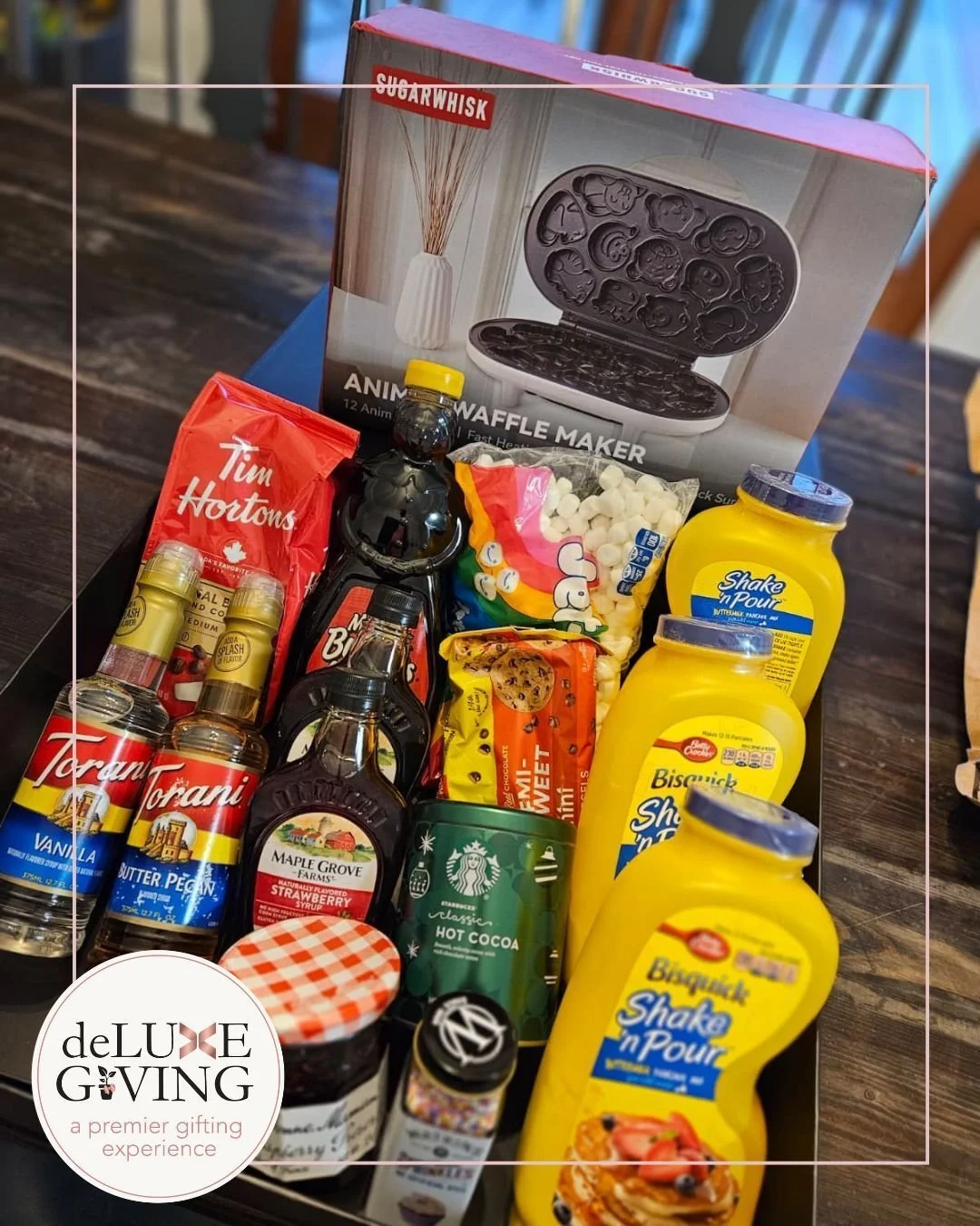 A client with five young kids just made a big move from the west coast to the east coast, and we wanted to help the whole family celebrate.

So we sent a full pancake breakfast kit. An animal waffle maker, pancake mix, all the toppings, plus coffee a