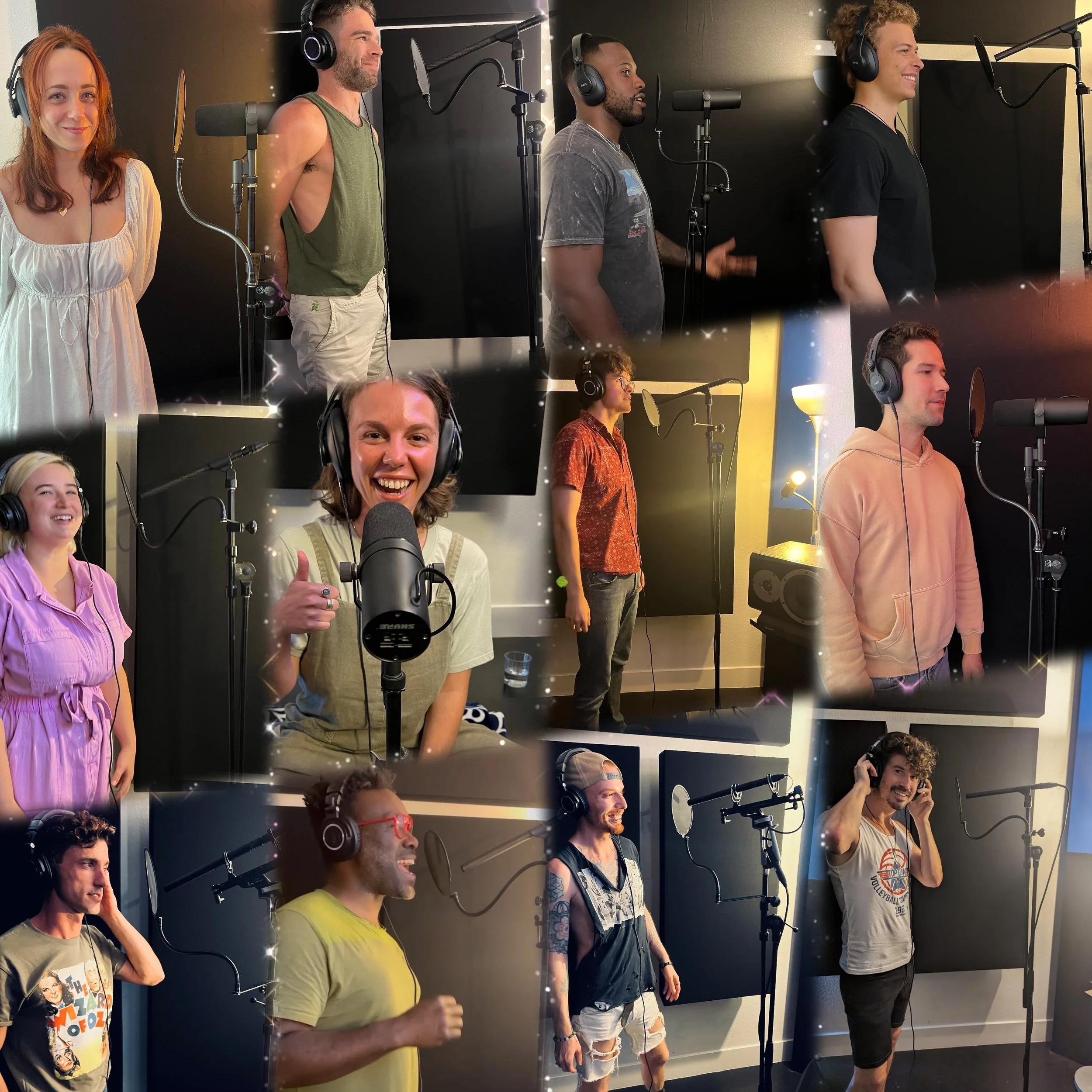 People recording voiceovers or singing in a studio with standing microphones and headphones.