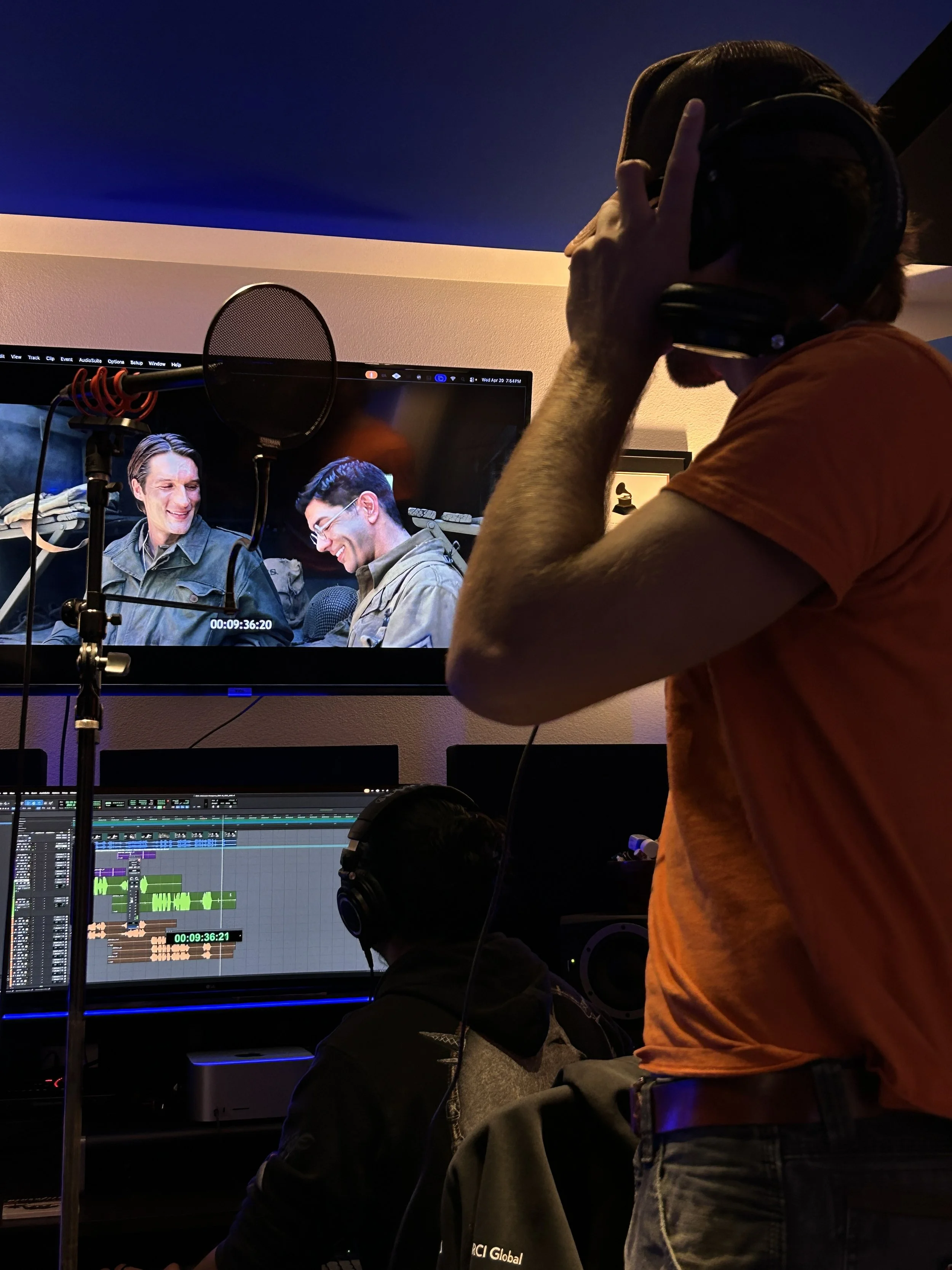 Actor Zak Steiner records his ADR lines with Raul Vega in studio for a feature film.