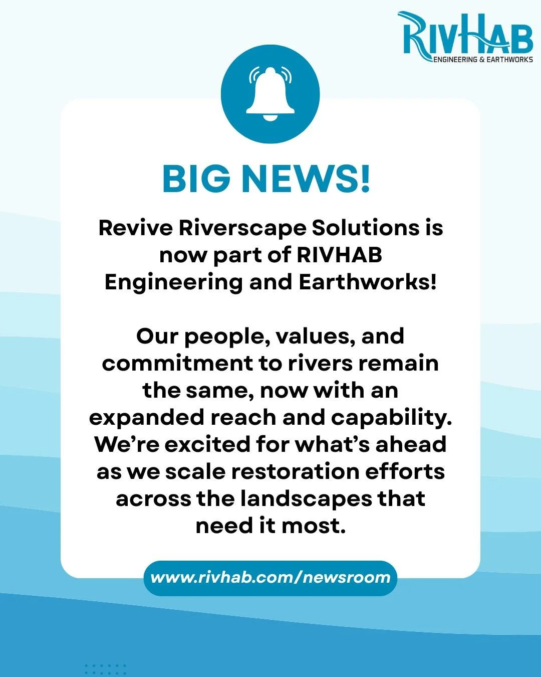 BIG NEWS! 🚨

We&rsquo;re thrilled to share that Revive Riverscape Solutions is now part of the RIVHAB Engineering and Earthworks team! After years of close collaboration, our teams are uniting under one name to deliver fully integrated, science-base