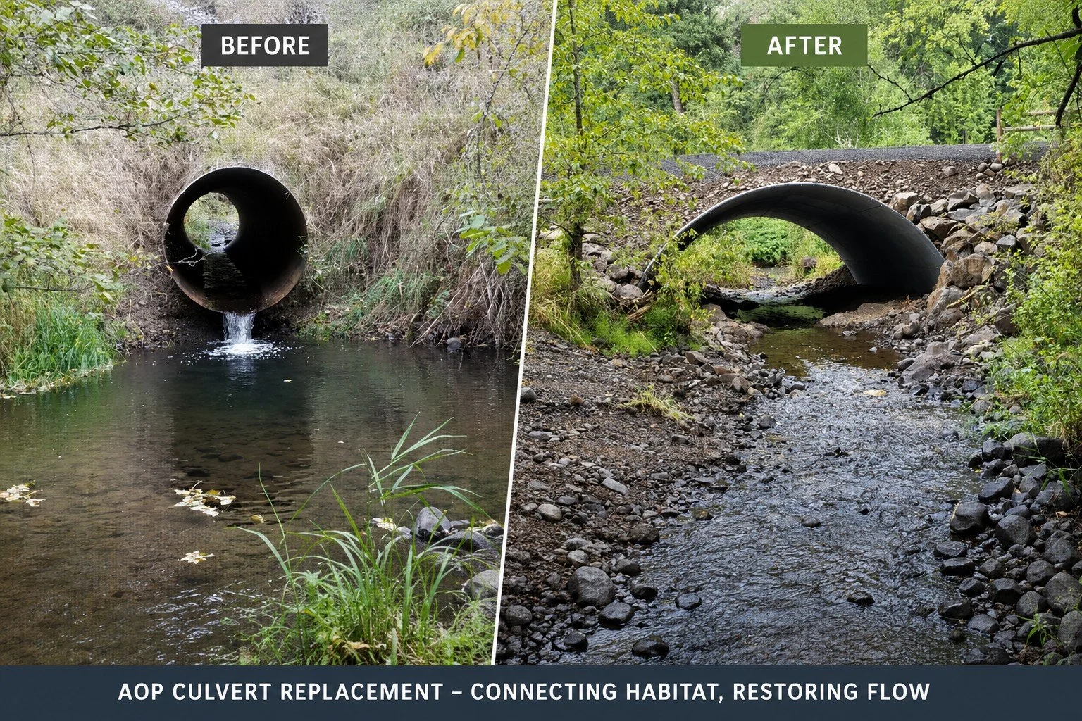 Fish Passage. At RIVHAB, we specialize in designing fish passage solutions to restore access to critical spawning, rearing, and refuge habitat. From fish ladders, nature-like fishways, and dam removals to aquatic organism passage (AOP) road crossings