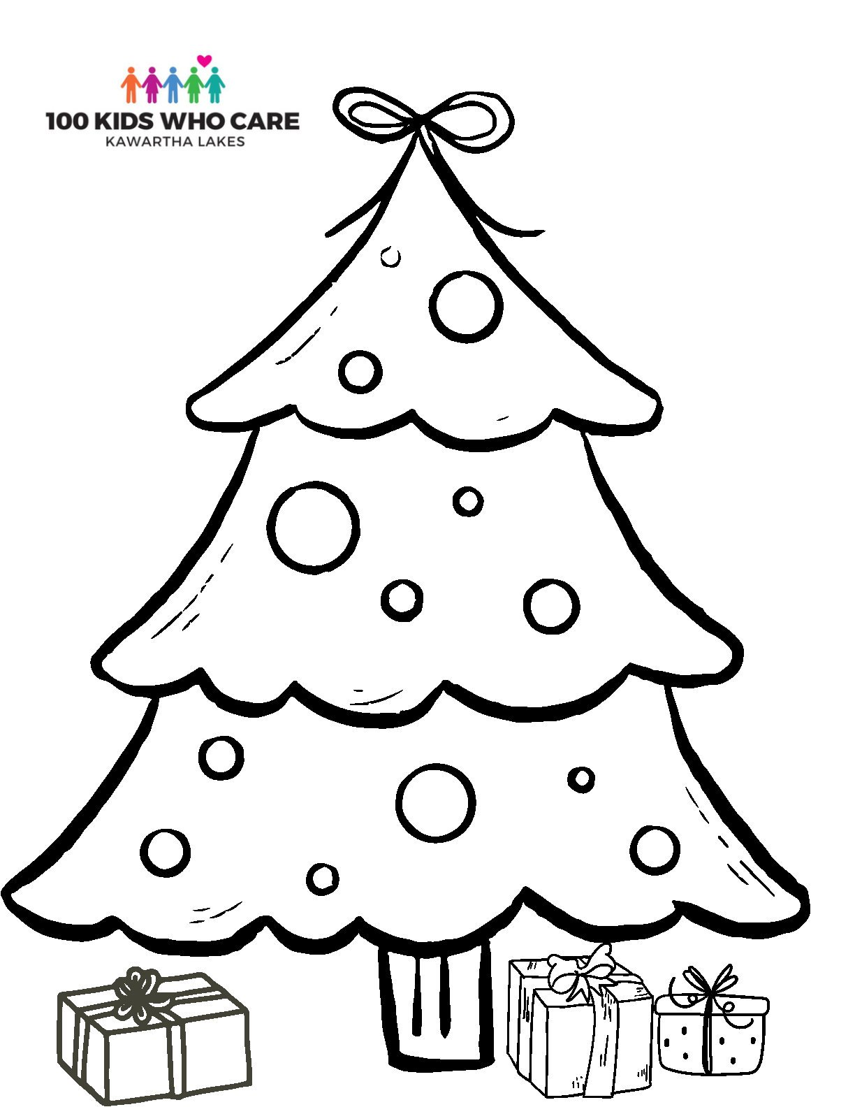 Black and white illustration of a decorated Christmas tree with ornaments and a bow on top. Three wrapped gifts are placed underneath. The logo of "100 Kids Who Care Kawartha Lakes" is in the top left corner.