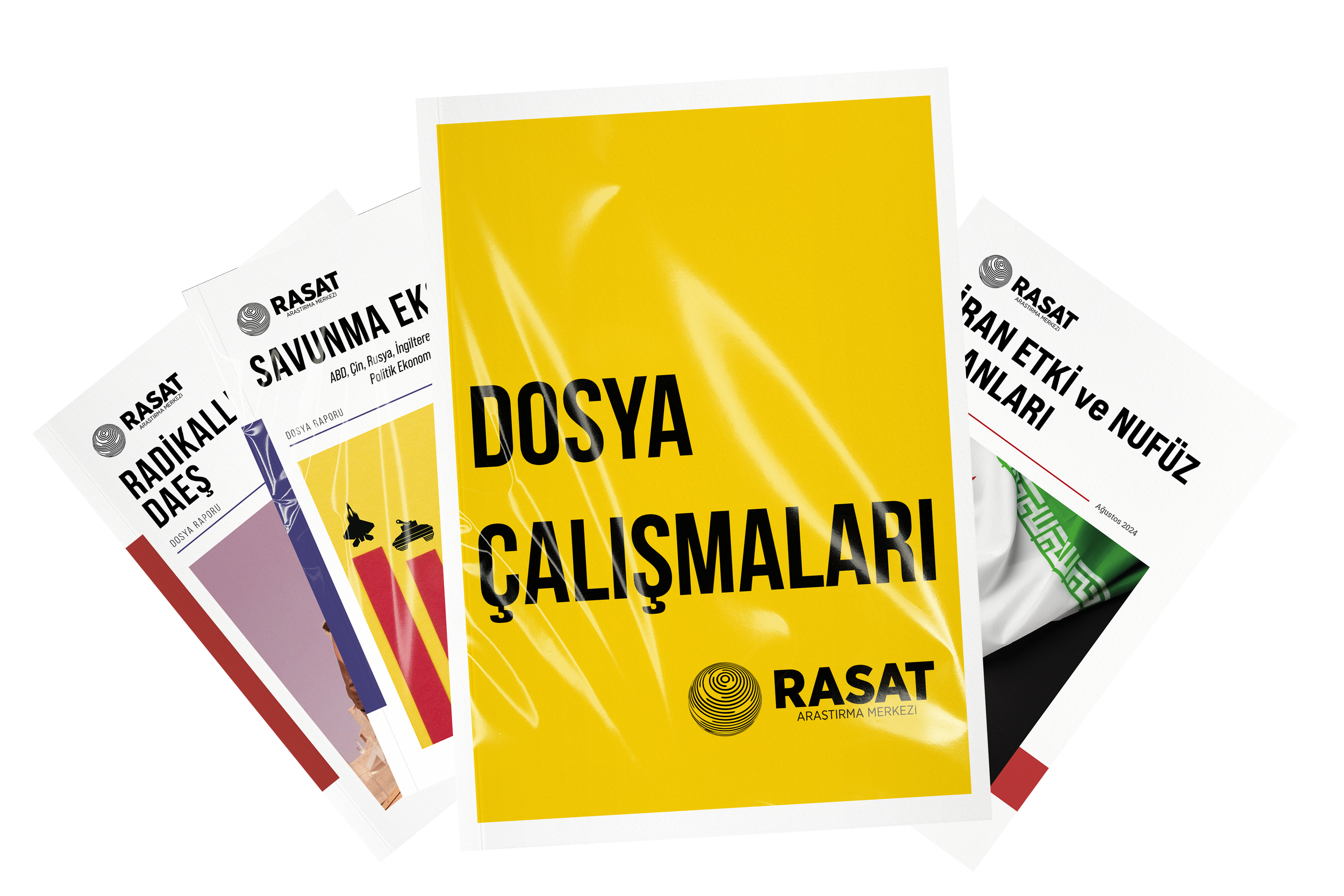Pasat Araştırma Merkezi'nin çeşitli araştırma raporu kitapçıkları. Raporlar farklı renklerde, biri sarı diğeri mor ve yeşil ile tasarlanmış.