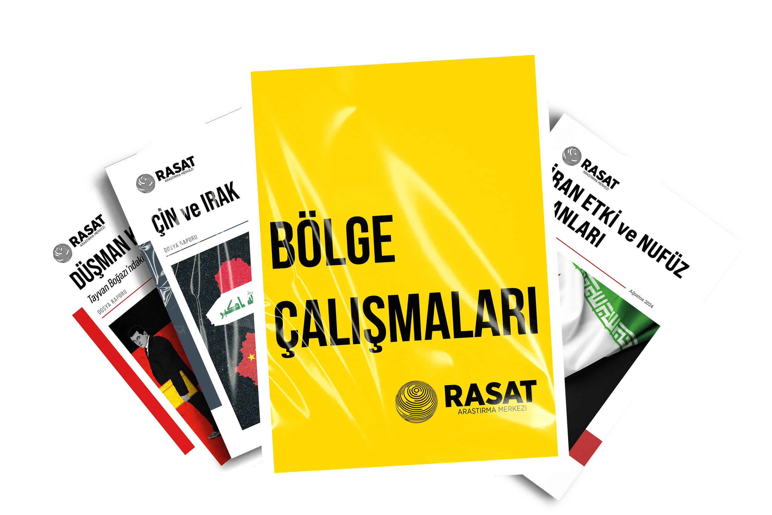 Rasatisayfasında, farklı renklerde ve yazı tiplerinde çeşitli çalışma ve rapor başlıkları bulunan broşür veya kitapçıklar.