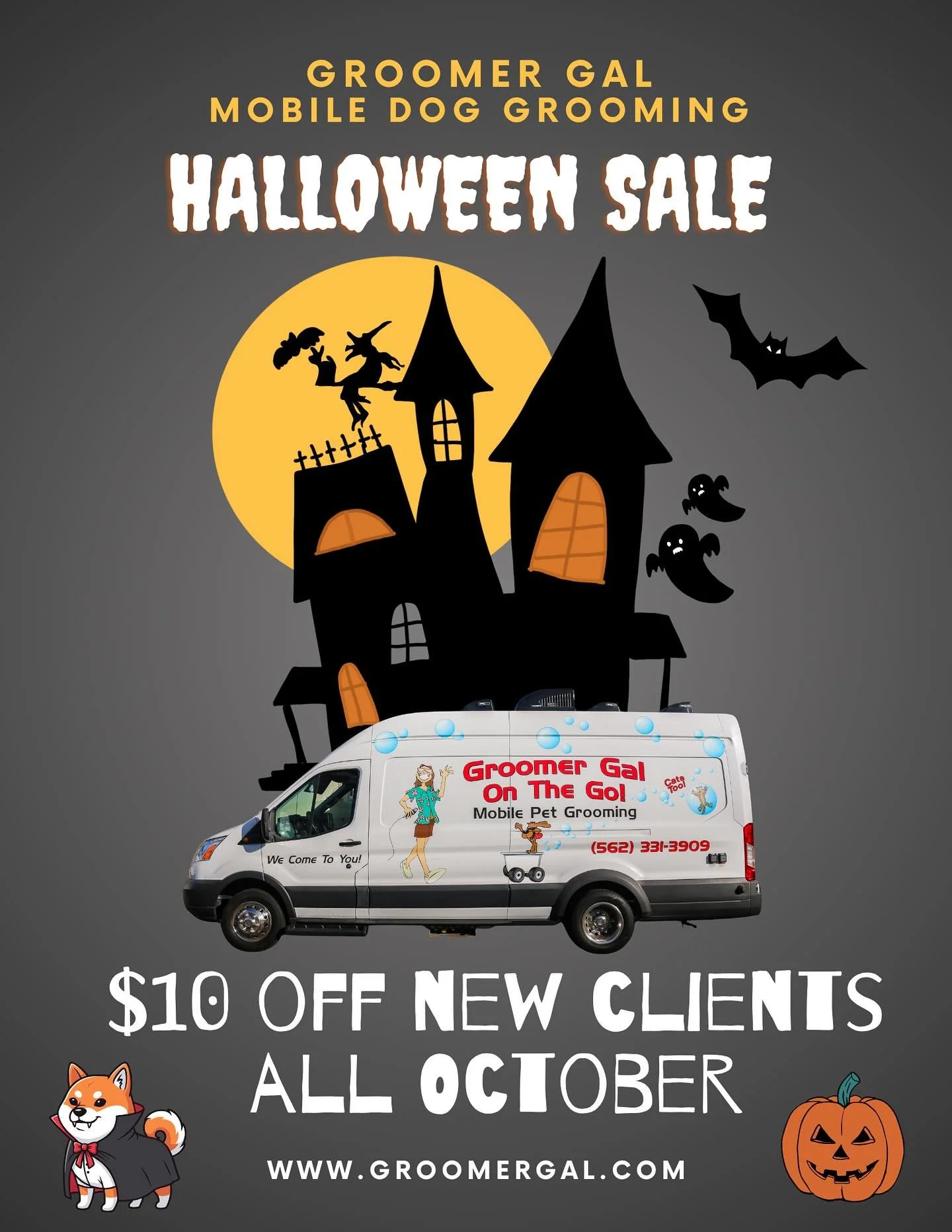 🎃👻 No Tricks, Just Treats for New Clients!
Groomer Gal is celebrating spooky season with a $10 OFF special for all new clients throughout October. 🐶✂️

Let us bring the salon to your doorstep &mdash; your pup will look fa-BOO-lous! 🧼✨
Appointment