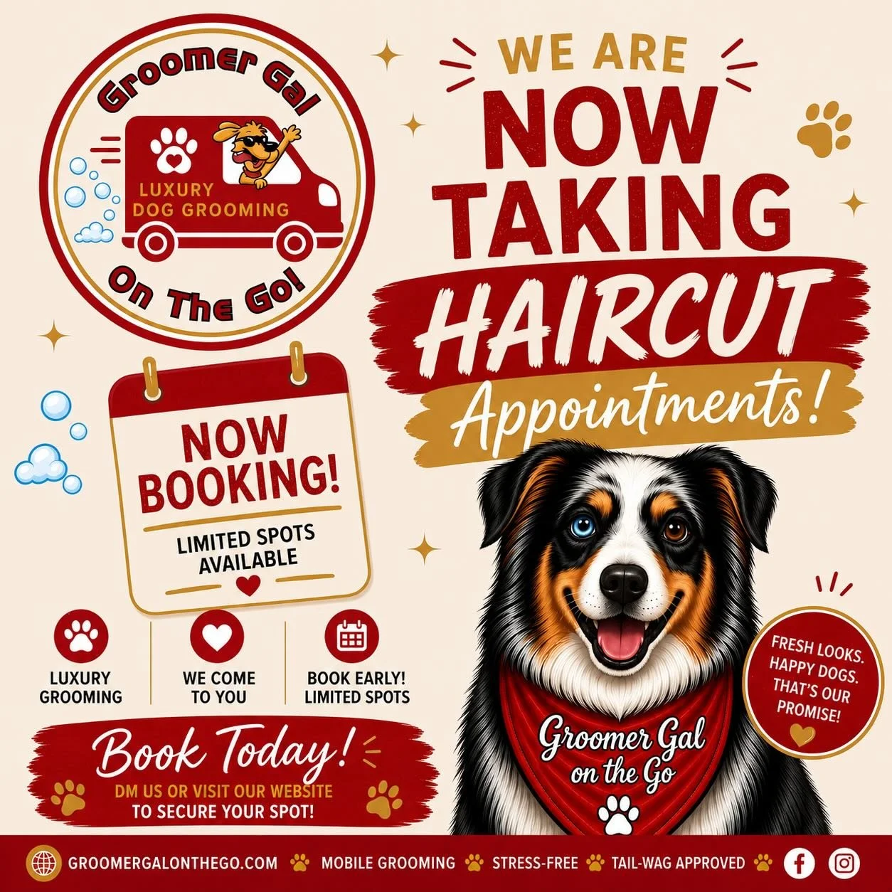 ✂️🐾 Haircuts are officially here! 🐾✂️

Give your pup the fresh look they deserve with Groomer Gal On The Go! We&rsquo;re now accepting haircut appointments and bringing luxury grooming right to your doorstep. 🚐✨

From breed-specific cuts to person