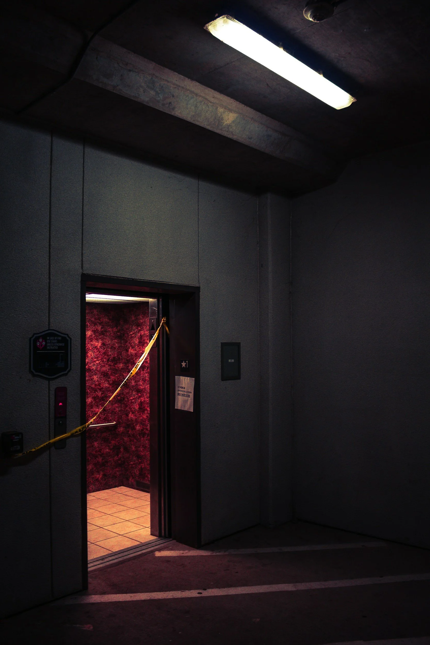 Moody hotel looking into elevator