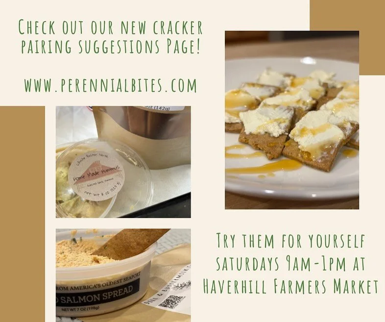 Check out my new cracker pairing suggestions page on the website or read about them below. All of these items can be found at the @haverhillfarmersmarket Saturdays from 9-1

Thyme &amp; Pistachio Crackers + 
Cream Cheese (@blackeyedsusansheepdairy )
