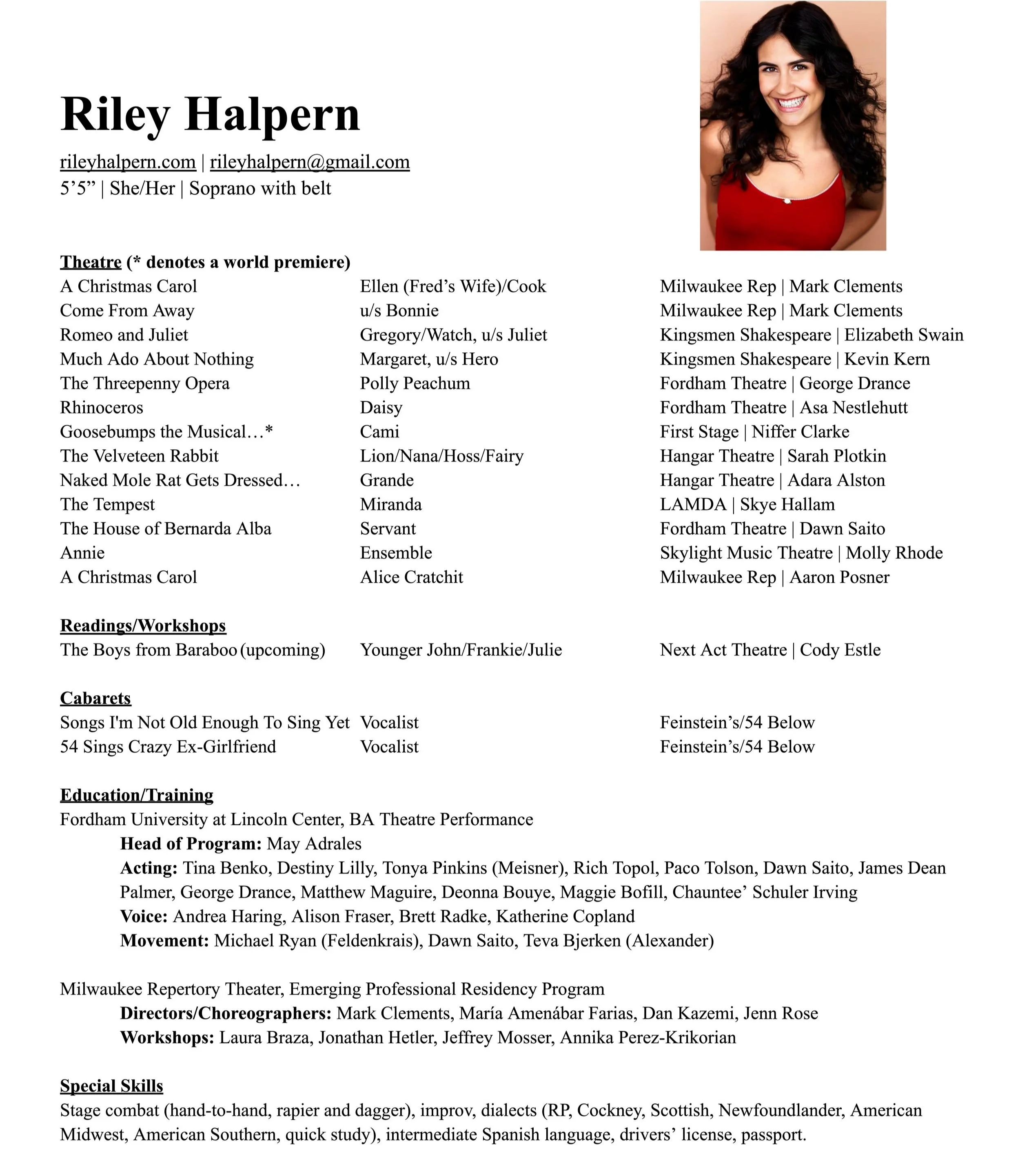 Resume for Riley Halpern including a photo of a woman with dark curly hair, smiling, wearing a red top, against a light orange background.