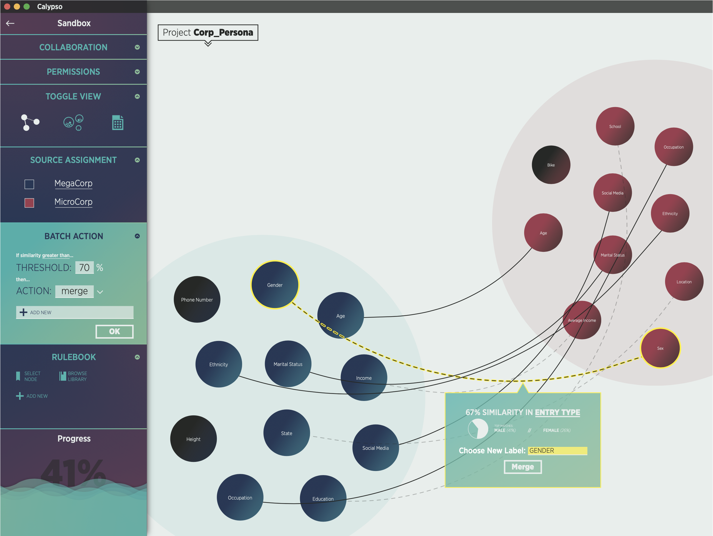 In the Node View, Malory can explore
links between nodes to make informed
decisions about merging.