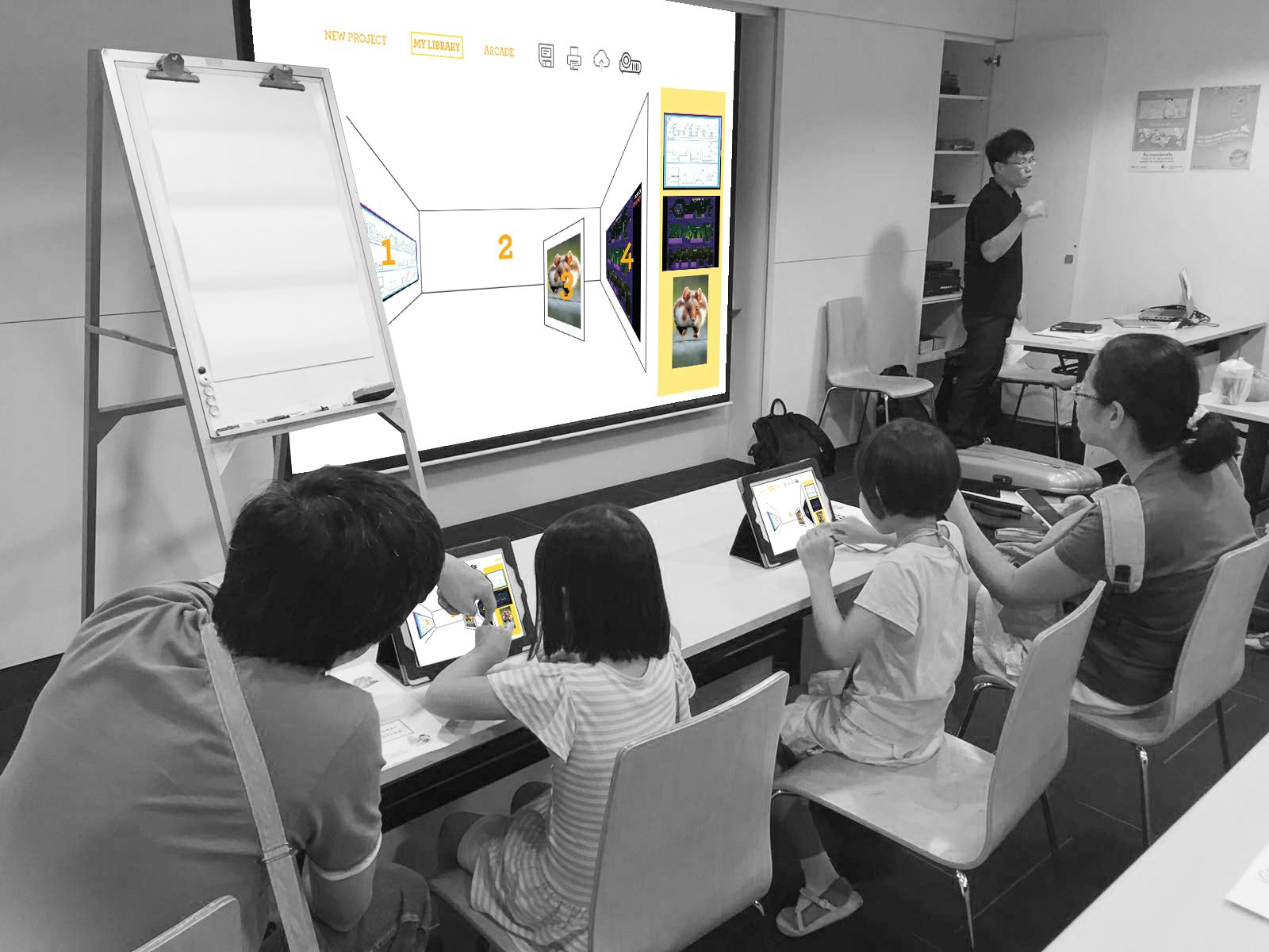 Parents and their children collaborate together to explore ideas.