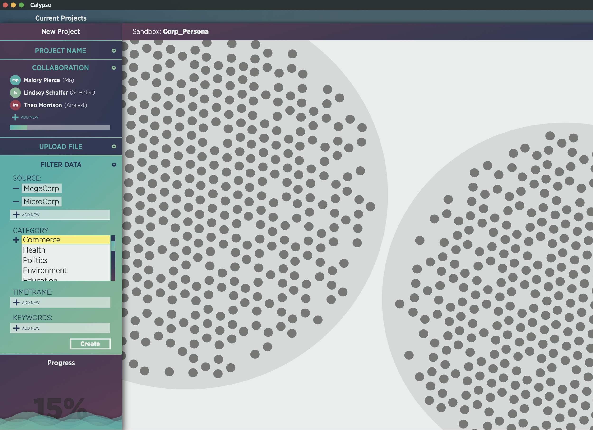 The Sandbox is a dashboard screen where a steward can view all current assignments
(plus their corresponding stats and updates), or begin a new project file. Here, Malory is defining parameters to filter relevant information from the data lake into h