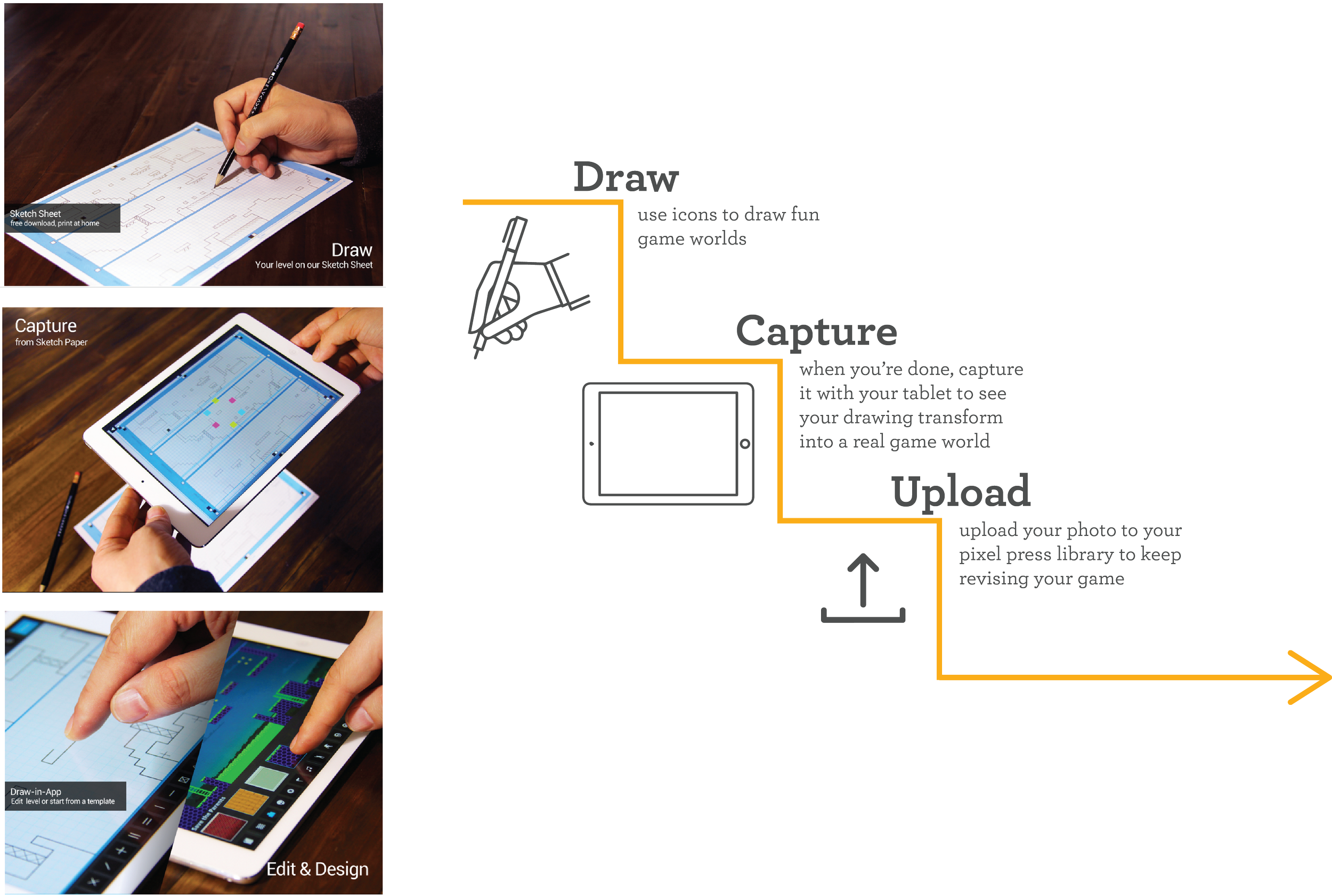 During the workshop, participants use the grid paper to draw their ideas. They capture them with a handheld device and project them onto large surfaces in order to test and play with immersive elements.