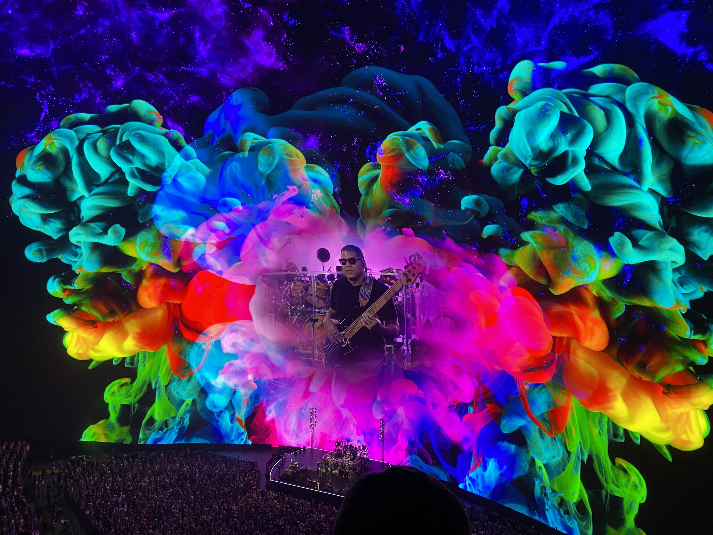 A concert scene with colorful, swirling neon lights and smoke effects behind a musician playing guitar, with a large crowd in the foreground.