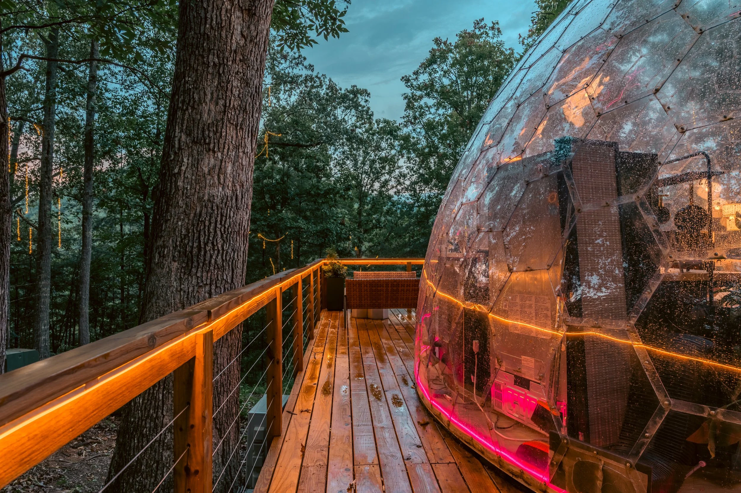 Wooden deck in a forest with string lights, with a transparent geodesic dome structure featuring pink and orange lighting, rain droplets on its surface, and trees in the background during early evening or dusk.
