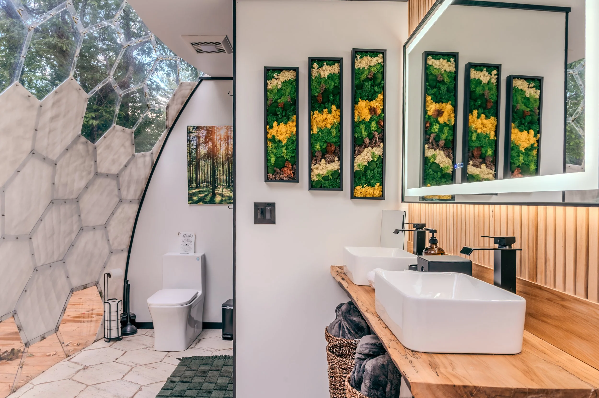 A modern bathroom with a large mirror, wooden accents, a double sink, wall-mounted faucets, and framed moss artwork. A wastebasket, rolled towels in a wicker basket, and bathroom essentials are visible. The toilet is in a separate area behind a parti