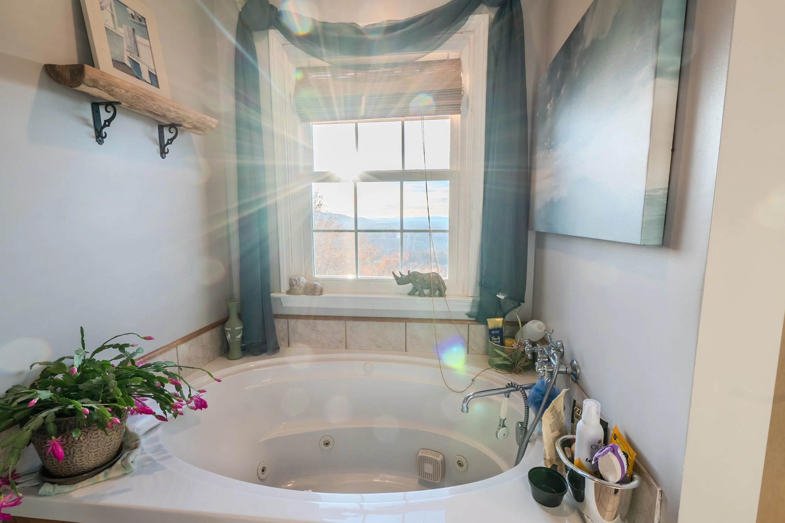 A bathroom with a large bathtub near a window, illuminated by sunlight. The bathtub has a plant with pink flowers, and various toiletries are placed on its edge. The window has a view of mountains and trees, with decorative items on the sill. There a