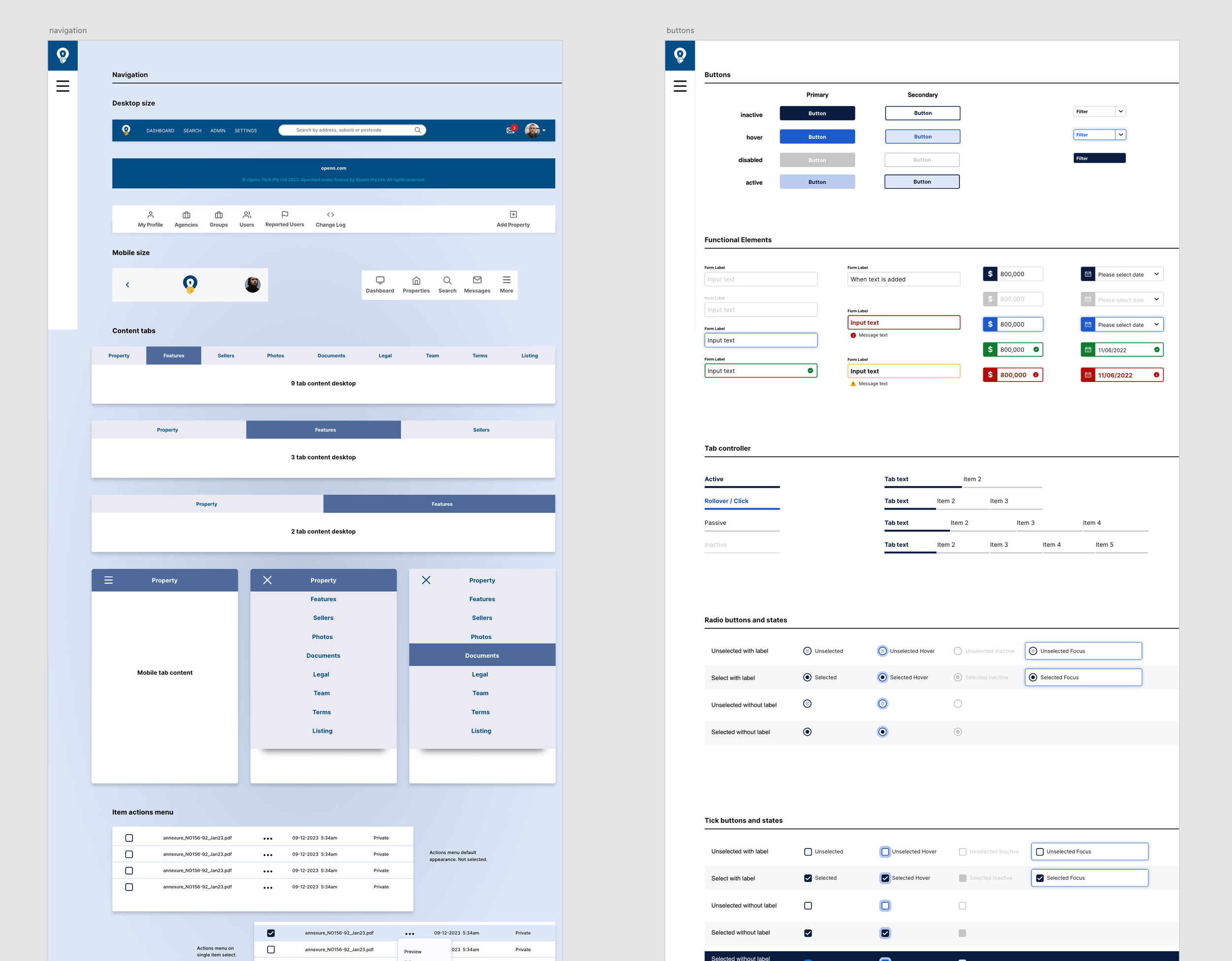 Screenshots of a website interface with navigation menus, content tabs, form elements, and item actions menu, showing different page layouts and features.