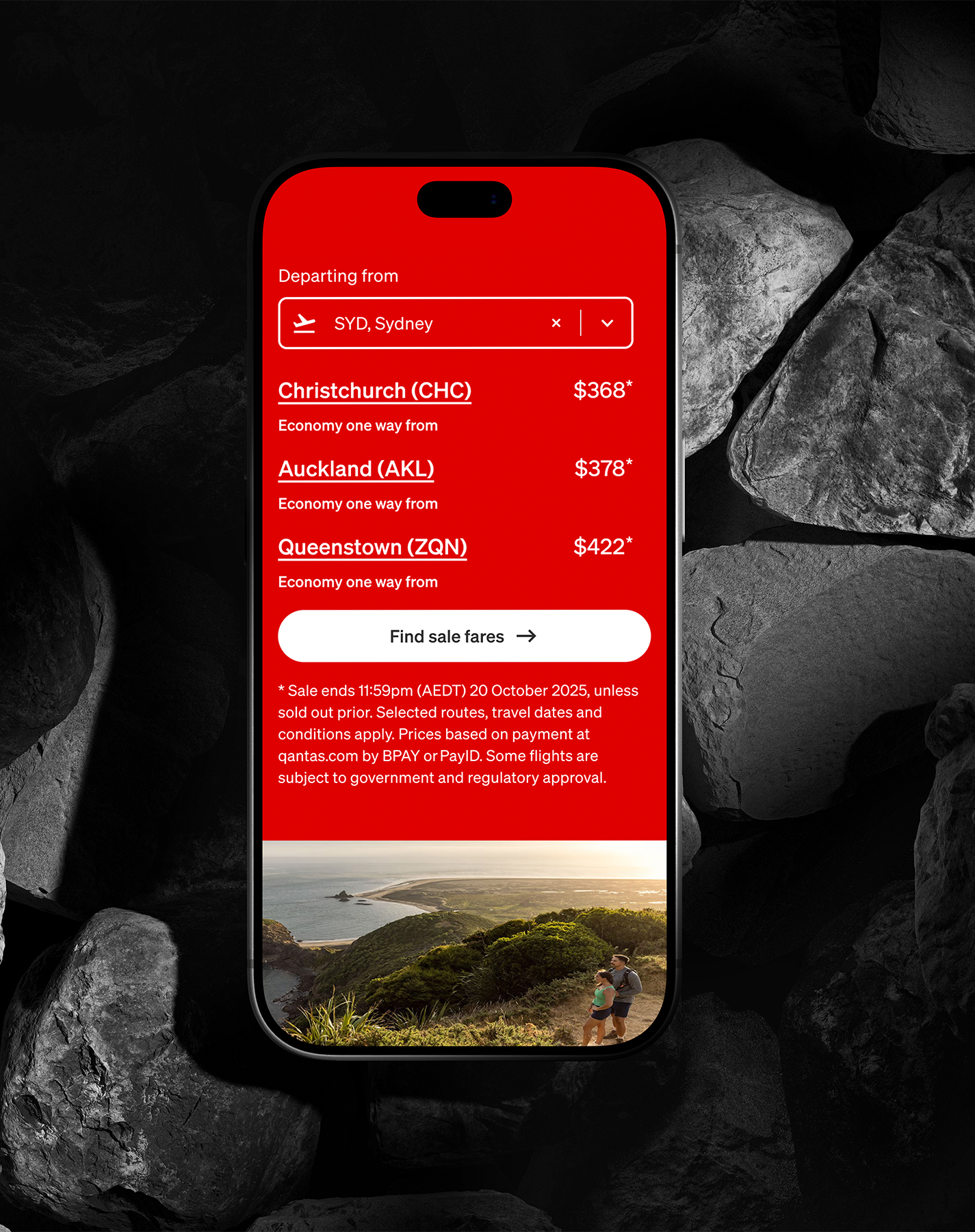 A smartphone screen displaying a flight search app with departure from Sydney, and options for flights to Christchurch, Auckland, and Queenstown, with prices and a scenic landscape background.
