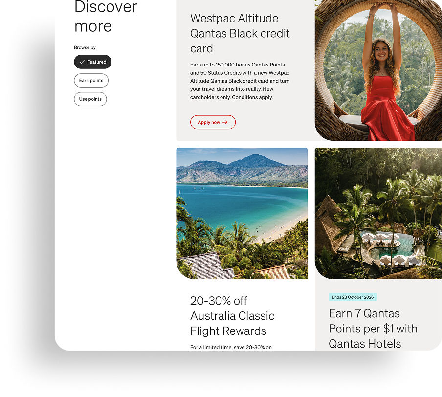 Screenshot of a travel rewards website featuring offers for Westpac Altitude Qantas Black credit card and Qantas Hotels, with images of a woman in a red dress inside a circular window, a beach with mountains, and a tropical pool area surrounded by palm trees.