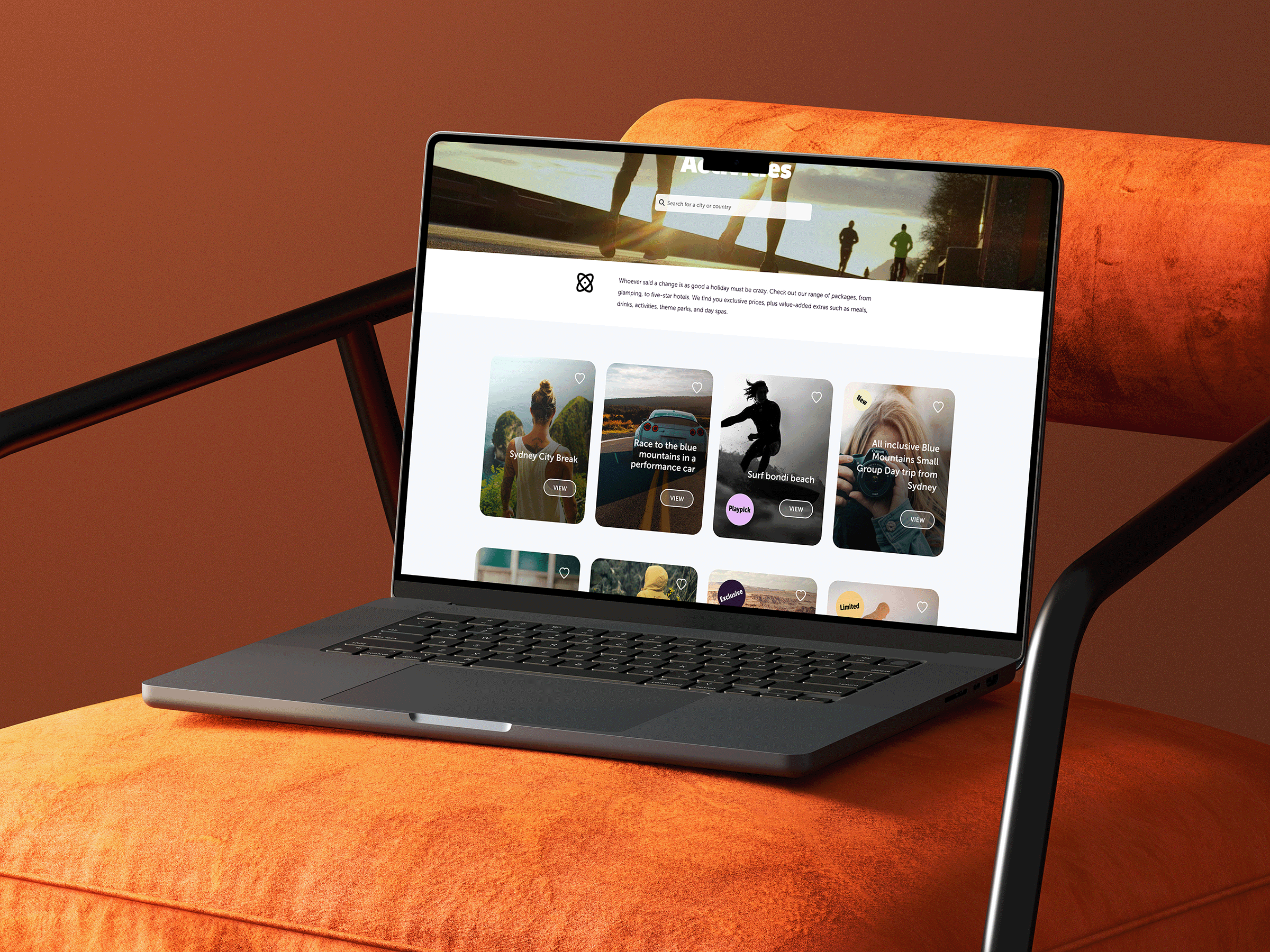 A laptop on an orange surface displaying a travel booking website with various destination options, with a blurred background.