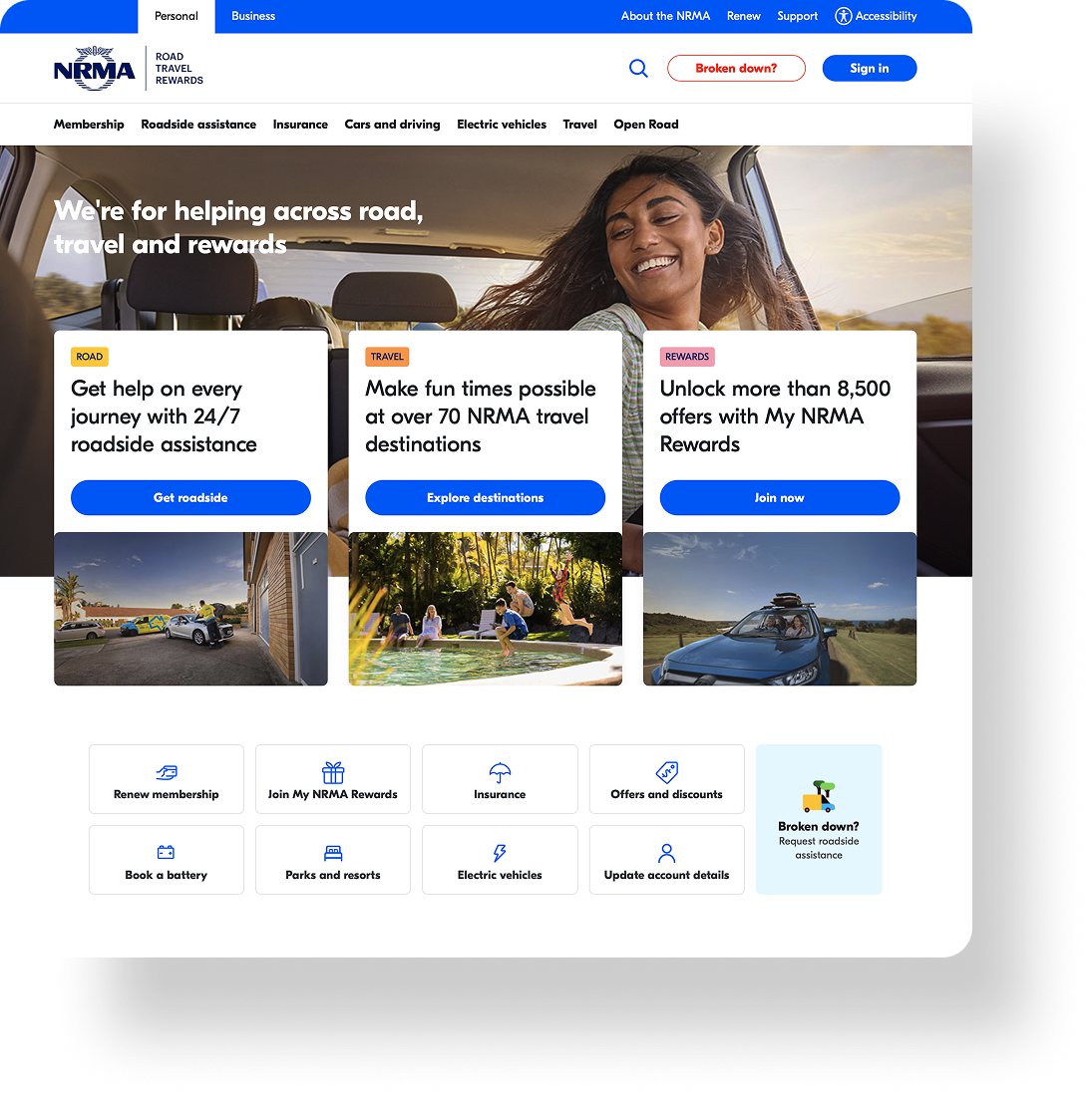 Screenshot of the NRMA website homepage featuring navigation links, a banner with a smiling woman in a car, and options for roadside assistance, travel, rewards, and other services.