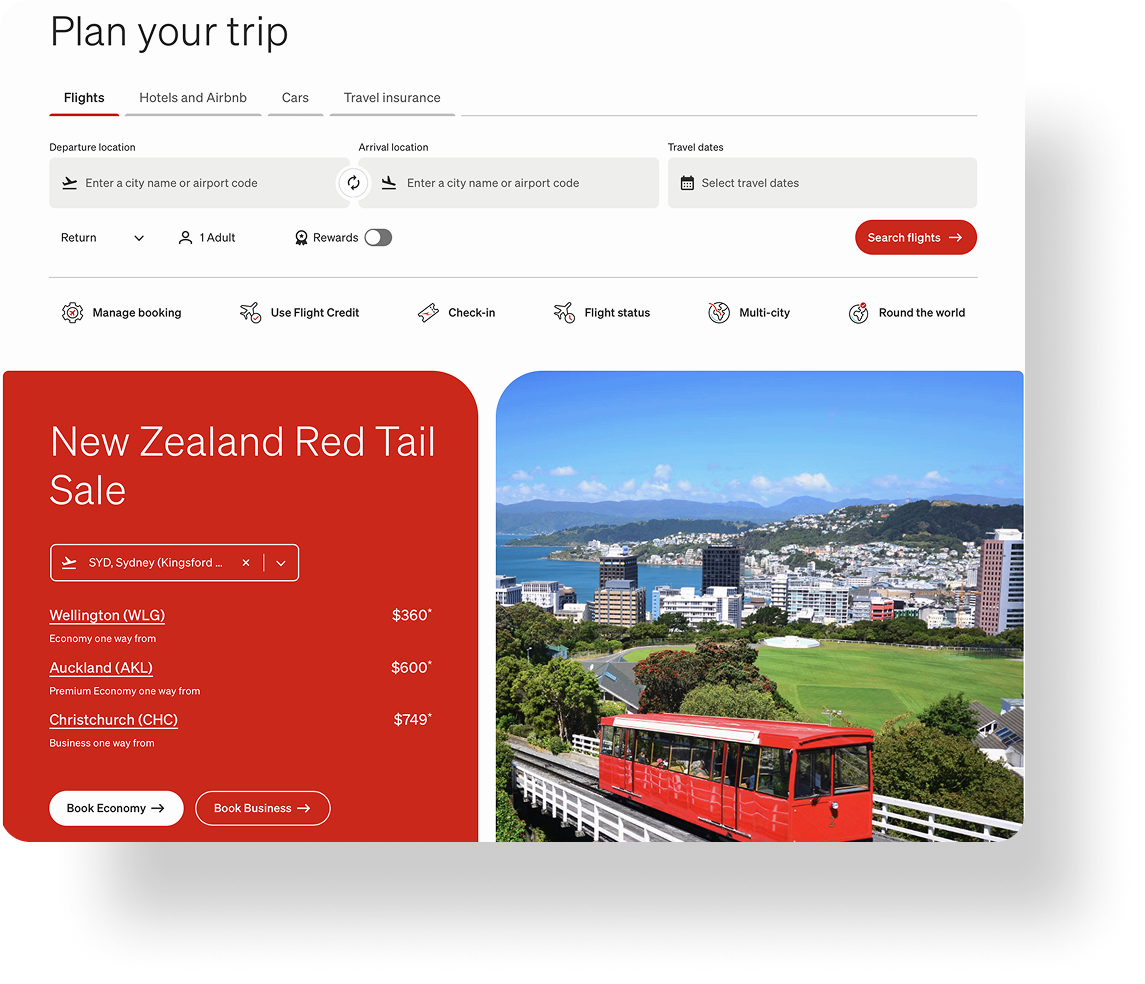 A flight booking webpage showing a New Zealand Red Tail Sale with flight options from Sydney, Wellington, Auckland, and Christchurch, and a scenic photo of a red train traveling through a lush green landscape with a city and mountains in the background.