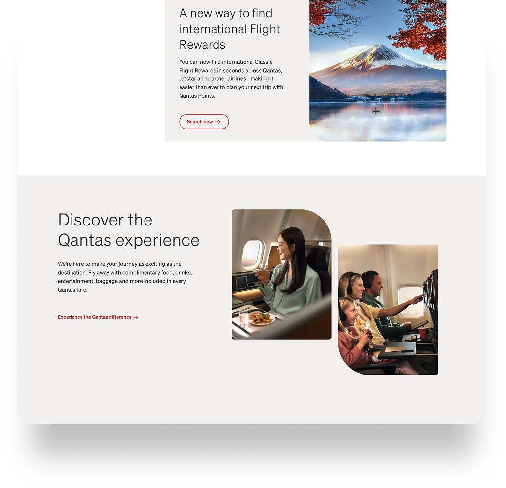 Webpage promoting Qantas international flight rewards and the Qantas experience, with images of Mount Fuji reflected in a lake, a woman enjoying a meal on a plane, and a family watching a movie together on a plane.