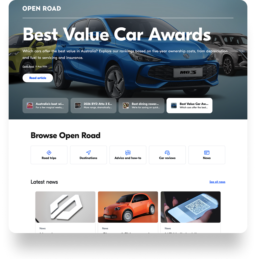 Webpage titled 'Best Value Car Awards' featuring a blue MG3 car in the center, with additional cars in the background, and navigation options such as Road trips, Destinations, Advice and how-to, Car reviews, and News.