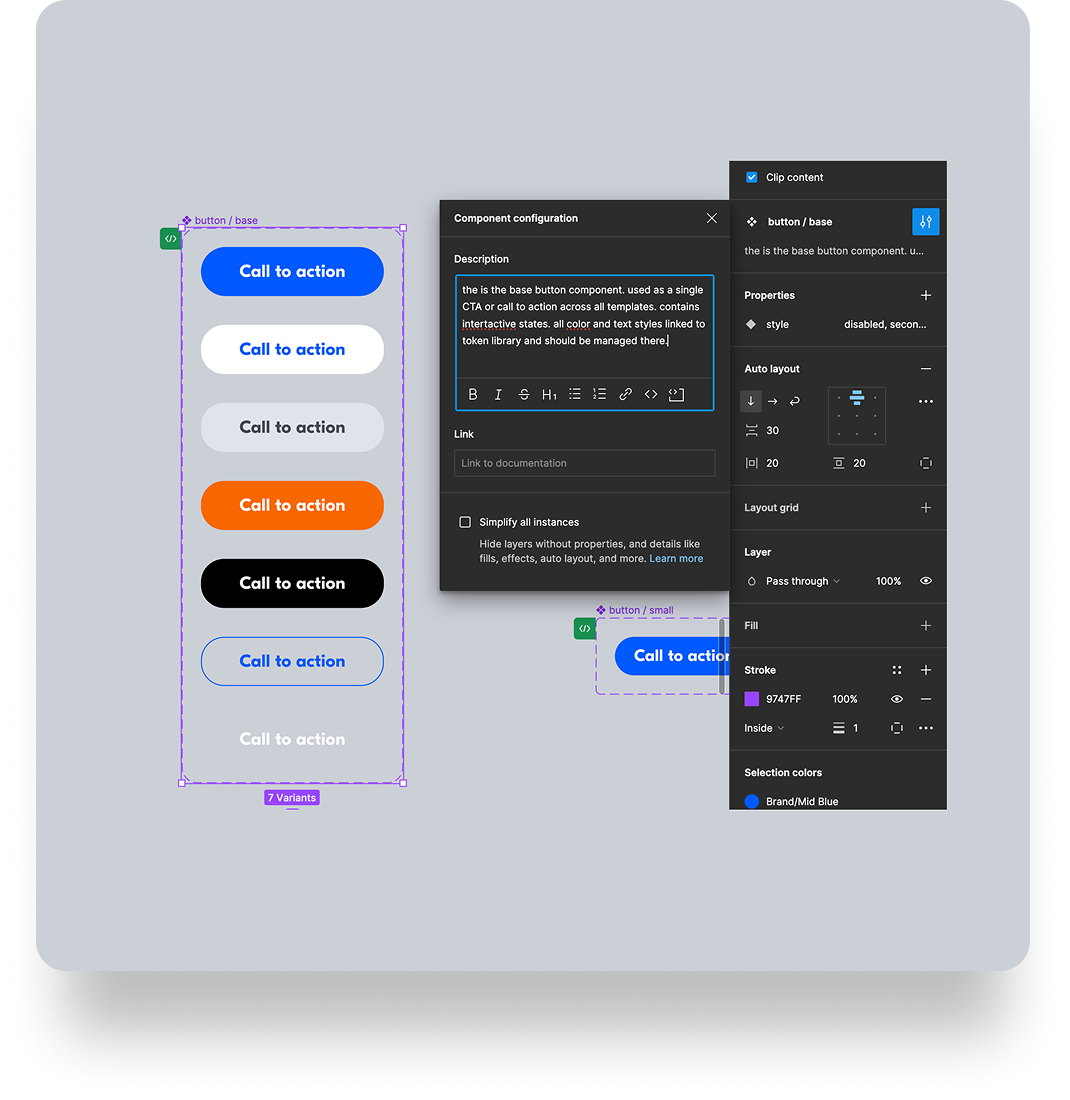 A user interface design tool showing multiple button variants with different styles and colors, along with configuration and editing panels for customization.