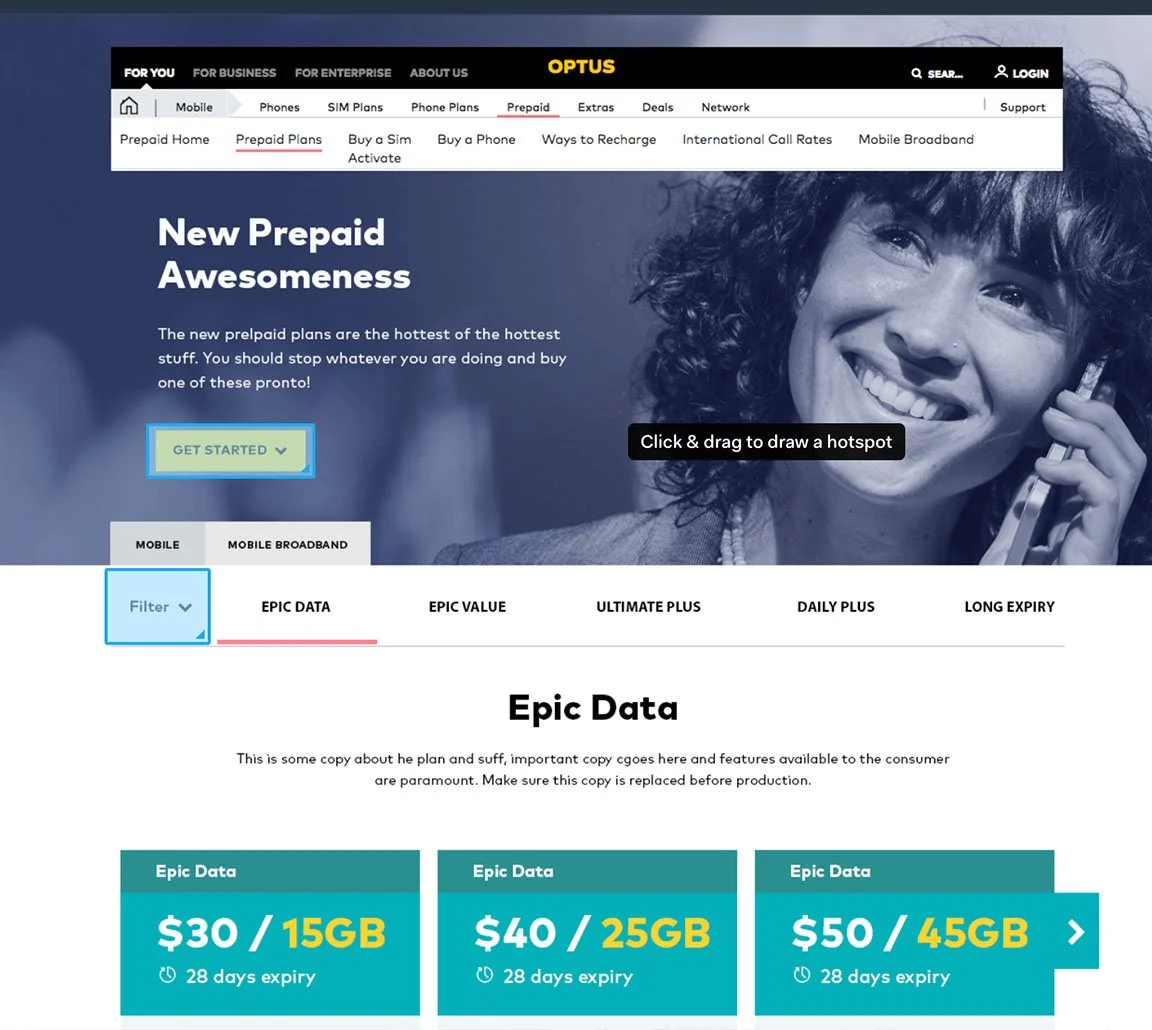 Screenshot of a mobile webpage from Optus showing prepaid plans with a woman smiling and talking on the phone.