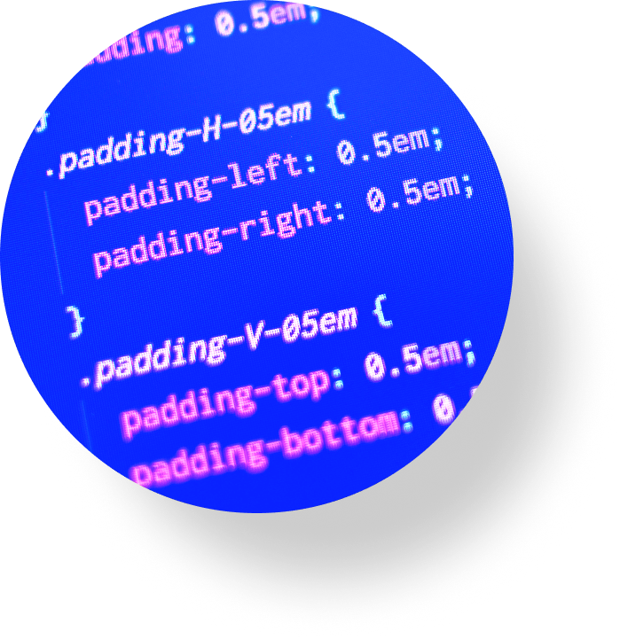 Close-up of computer code in a circular frame, showing CSS padding properties such as 'padding-H-0.5em', 'padding-left', 'padding-right', 'padding-top', and 'padding-bottom'.