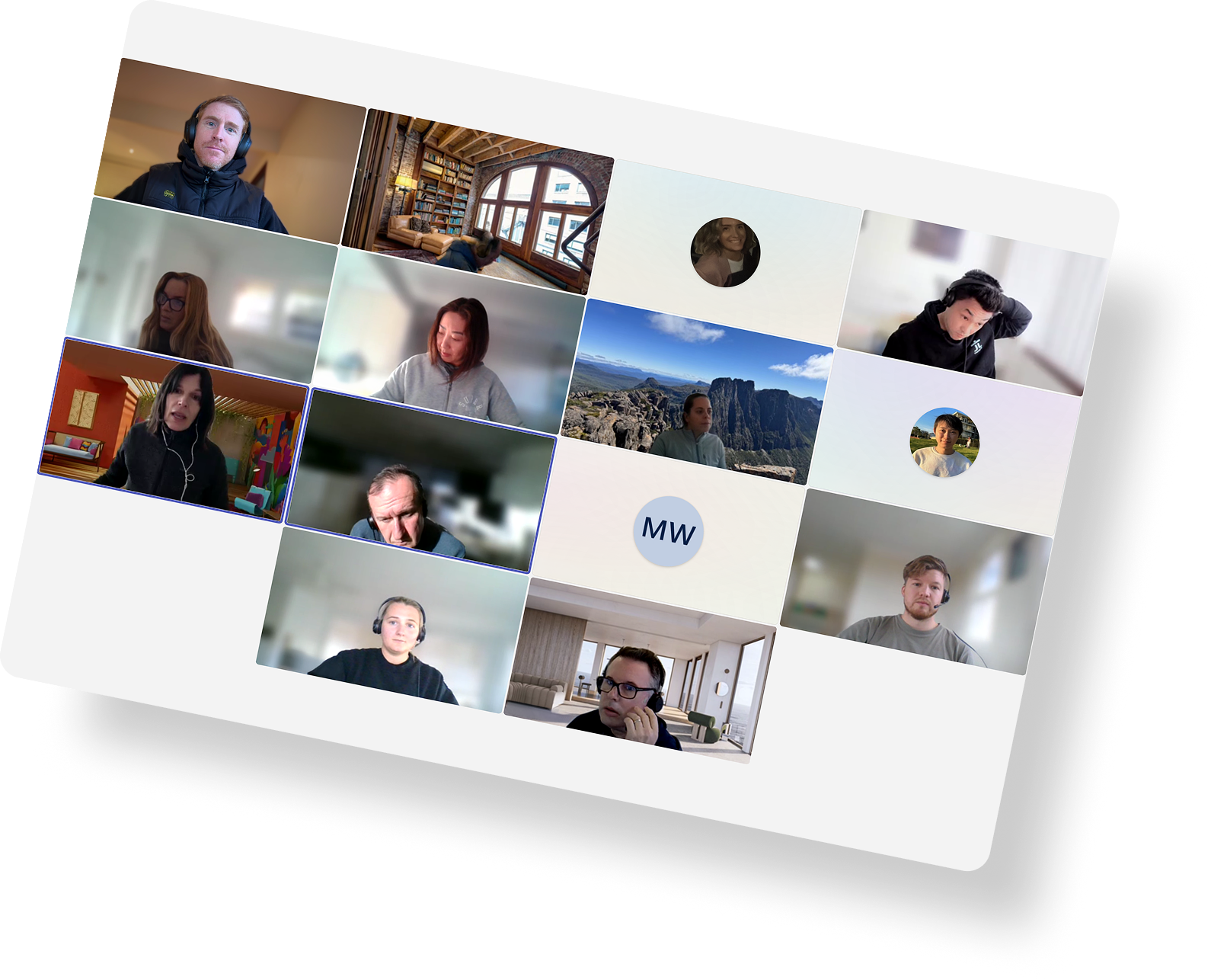 Virtual meeting with multiple participants in different settings, some with headphones, in a grid layout, with one participant's video turned off.