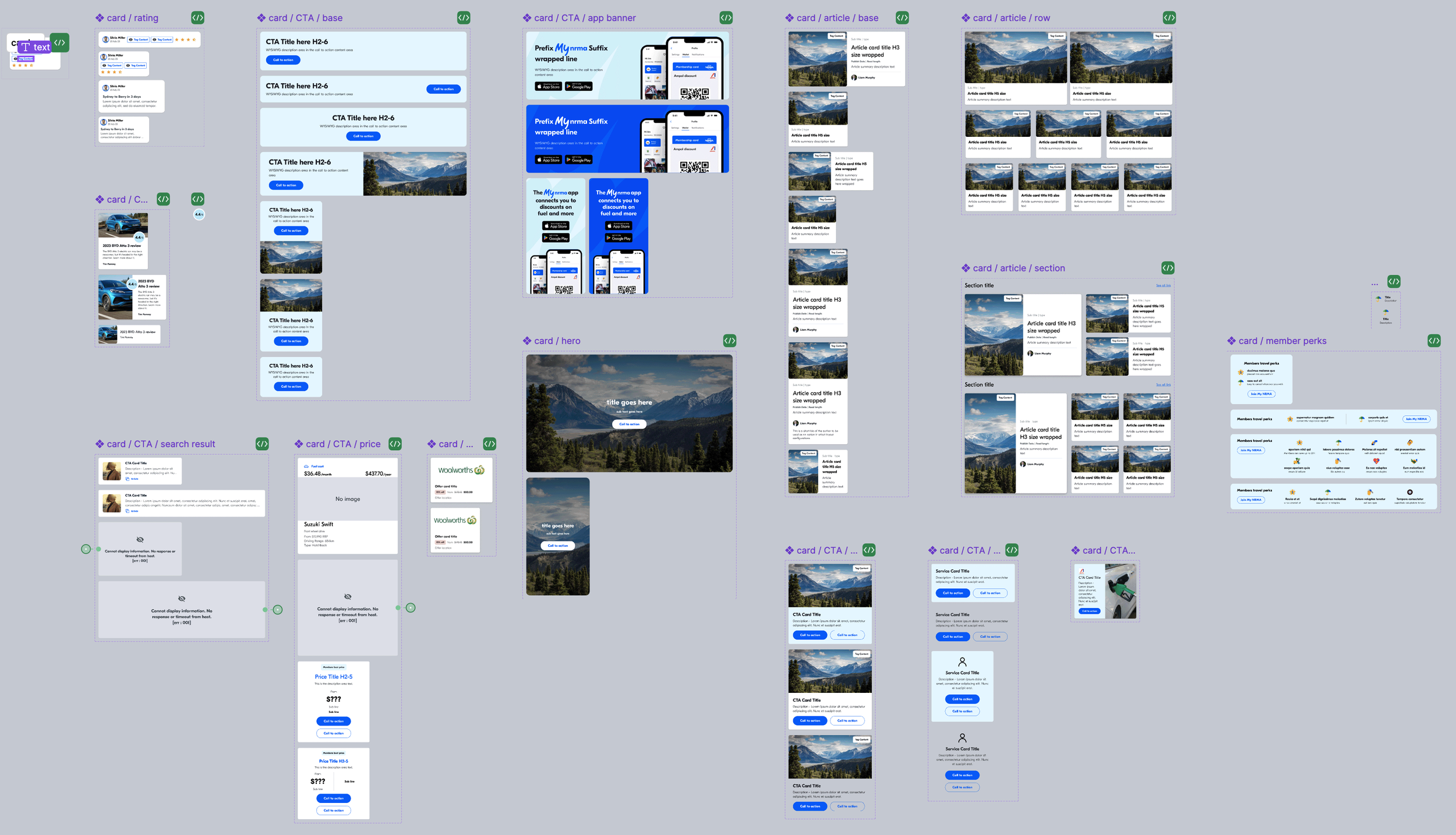 A digital wireframe or layout design of a website or app demonstrating various components, sections, and elements such as header, cards, images, text, buttons, and icons arranged in columns and rows across the page.