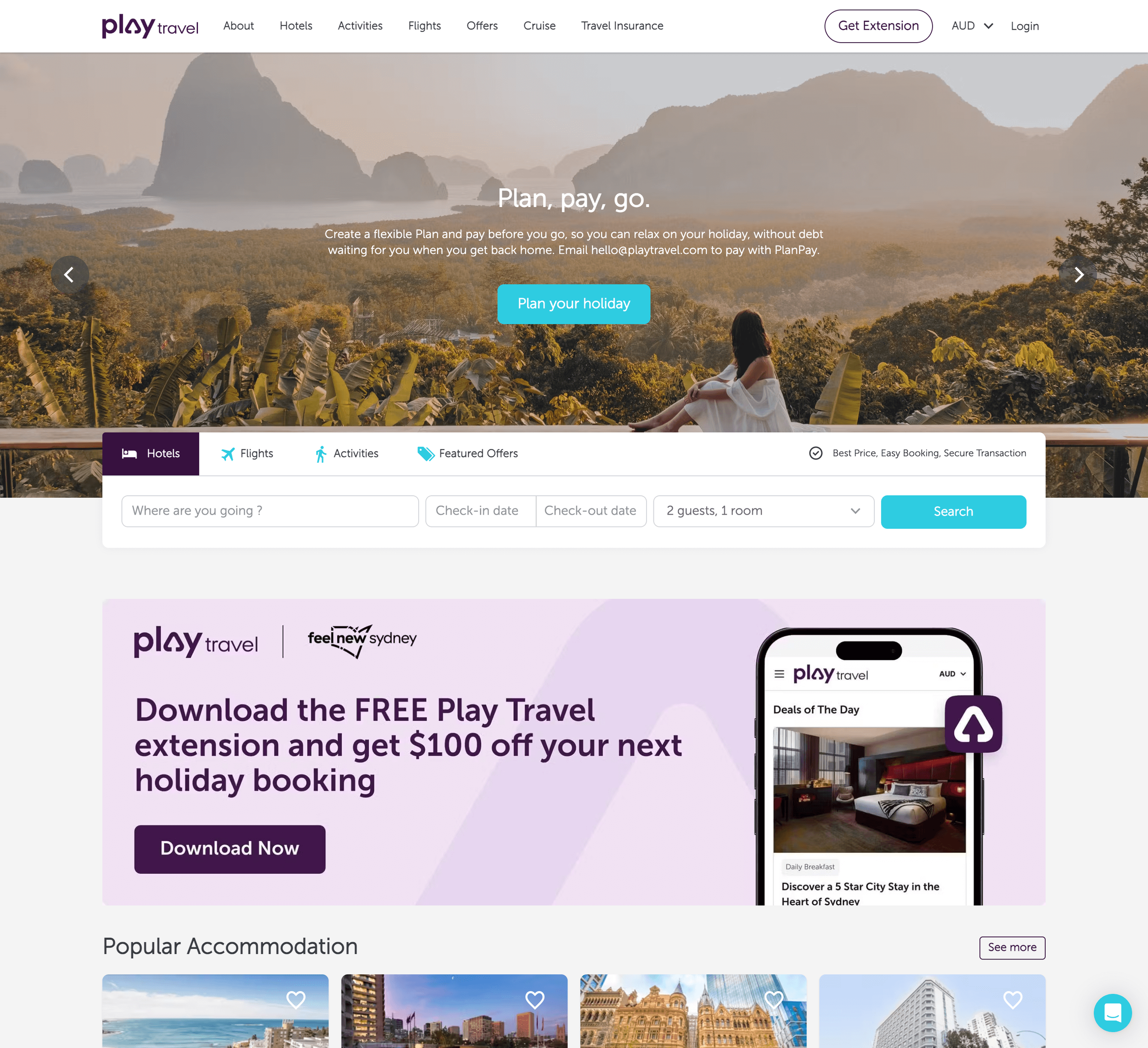 Screenshot of Play Travel website homepage featuring a banner with mountains and a woman sitting in a lush green landscape, promoting holiday planning and booking services.