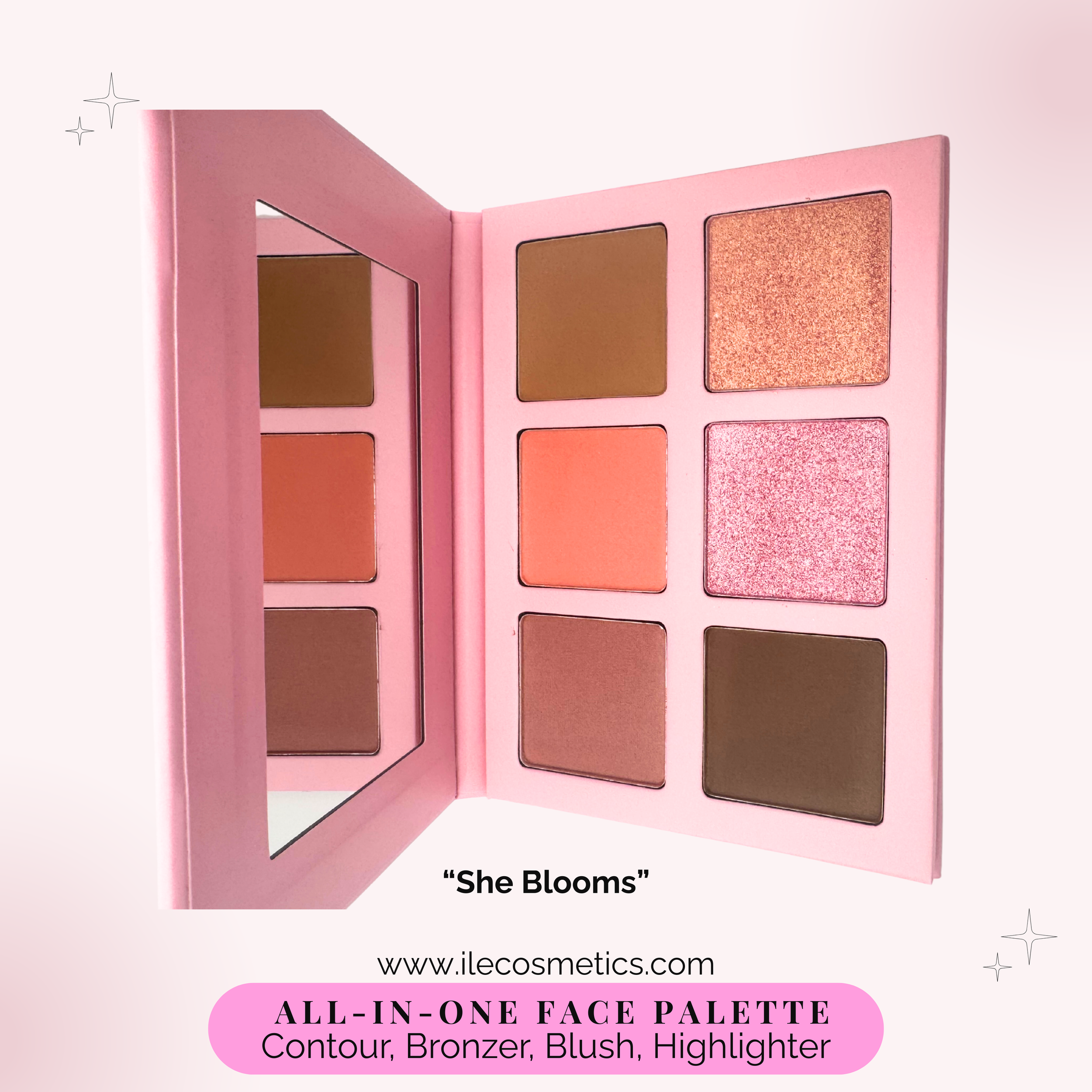 "She Blooms" All-in-One Face Palette – blush, contour, bronzer, and highlight in pink compact