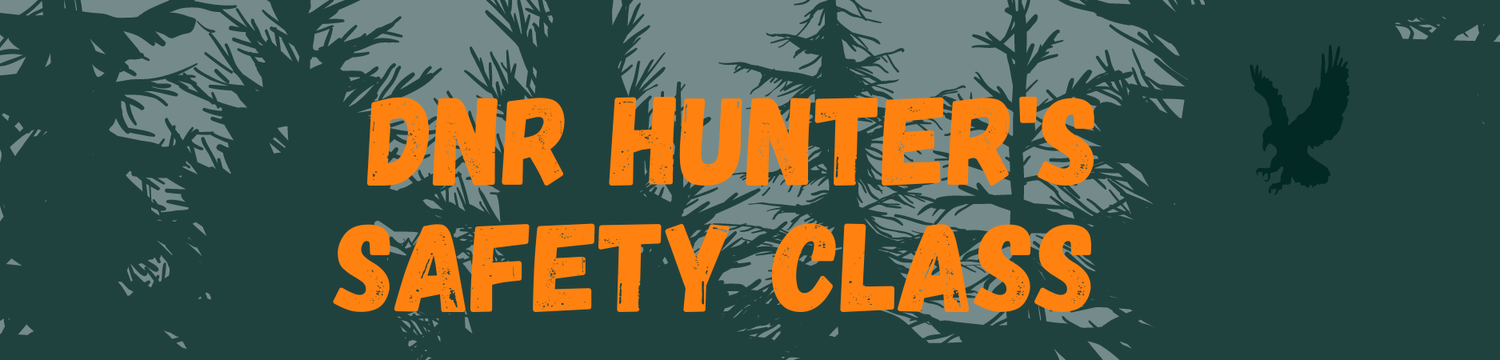 Illustration with the text "DNR Hunter's Safety Class" in orange against a background of tree silhouettes and a bird in flight.