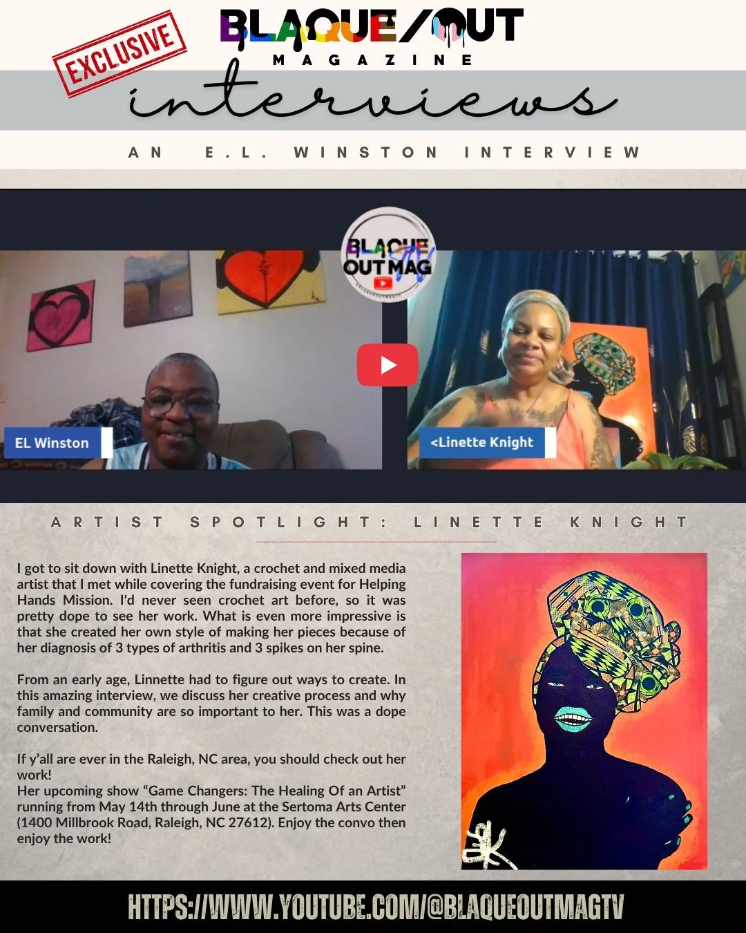 EL Winston sat down with Linette Knight, a crochet and mixed media artist he met while covering a fundraising event for Helping Hands Mission we reported on in April. She created her own style of making her pieces because of her diagnosis of 3 types 