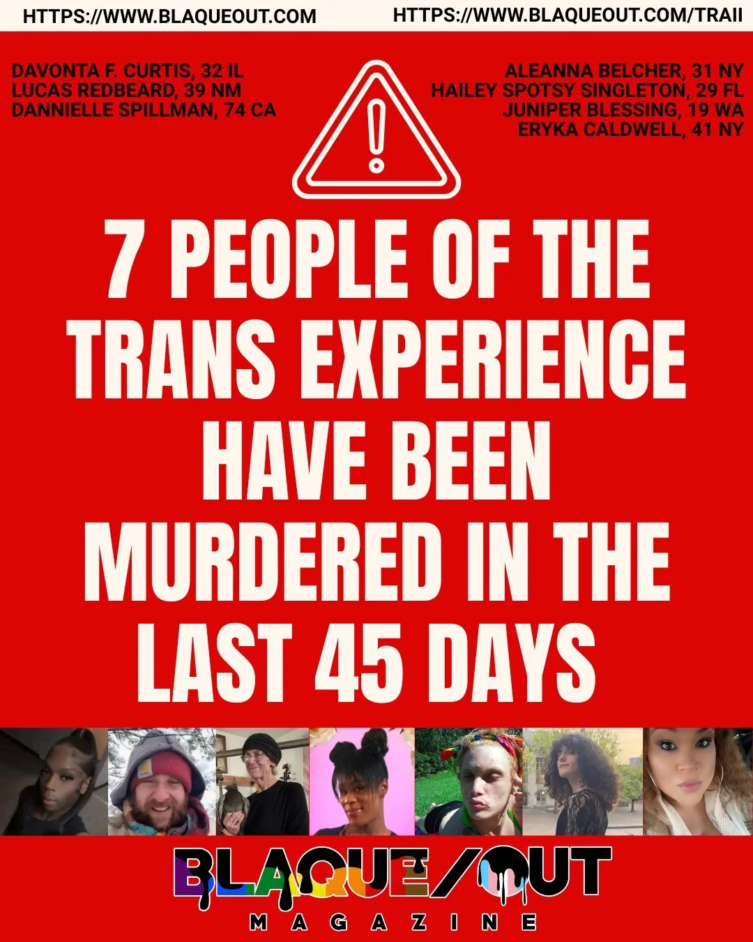 When the world ignores the price of HATE and an epidemic of violence 

Visit the TRAII index to learn more about their stories https://www.blaqueout.com/traii
