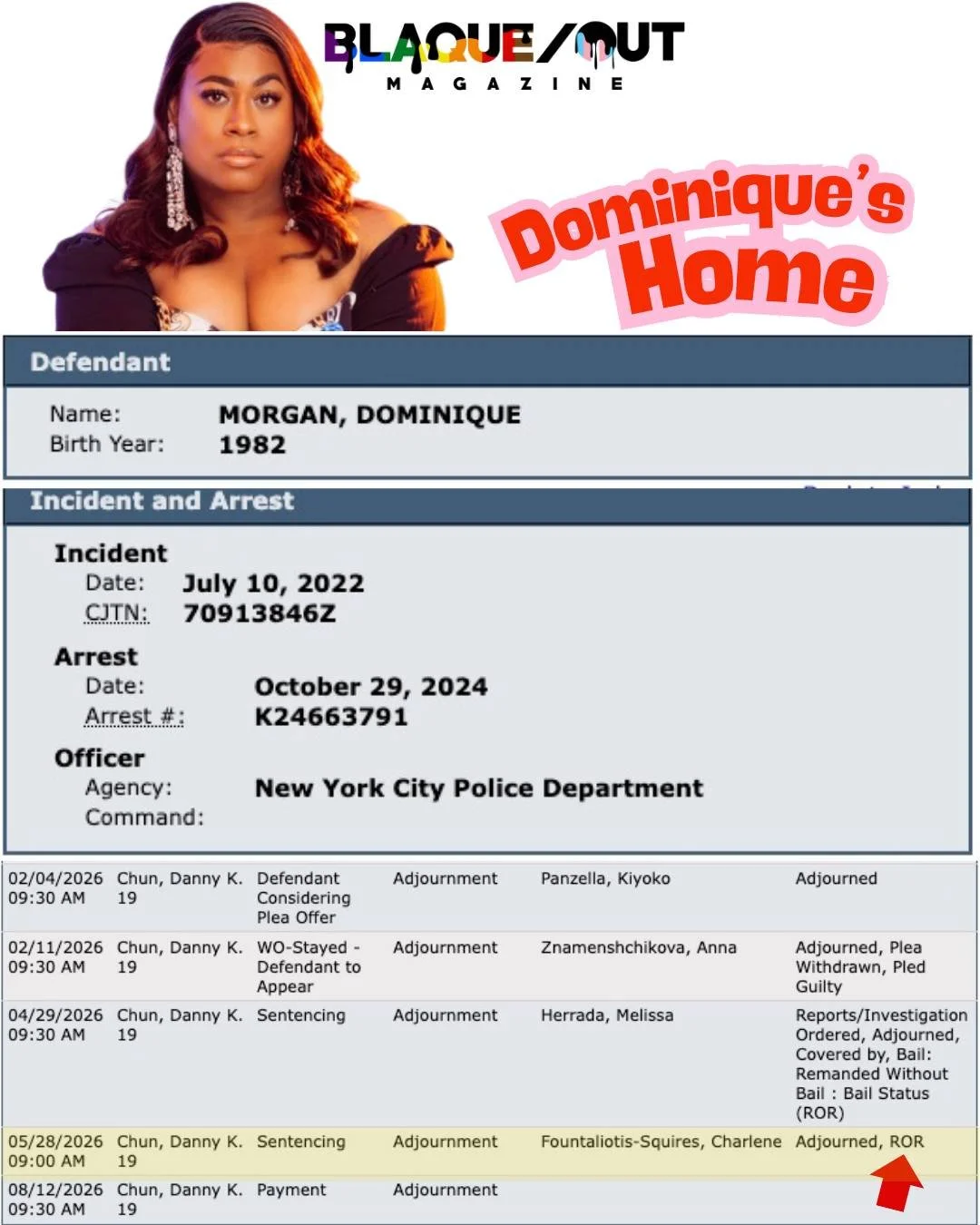New York City Court Records Indicate that at her 5/28/26 court appearance before Justice Chun, Dominique Morgan was released on ROR just as she suggested in her social media videos before being held in custody nearly a month ago. 

ROR: In a legal co