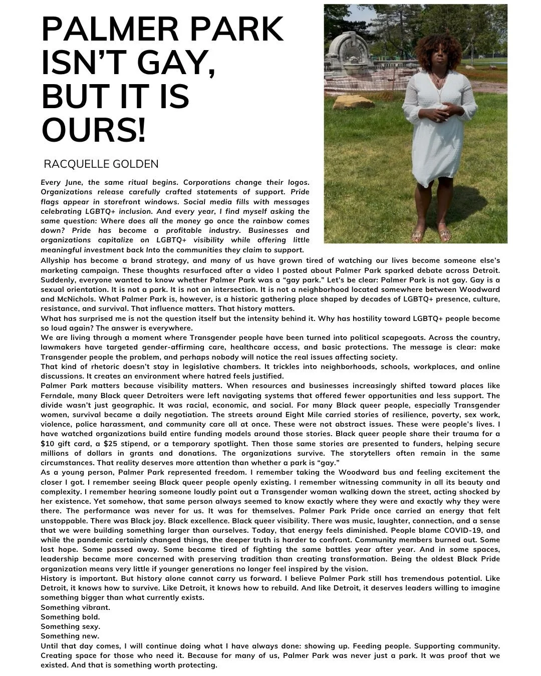 Incredible reporting from @reclaimingracquelle for Blaque/OUT Magazine about Palmer Park in Detroit. Thank you for sharing it with us...
 "....Every June, the same ritual begins. Corporations change their logos. Organizations release carefully c